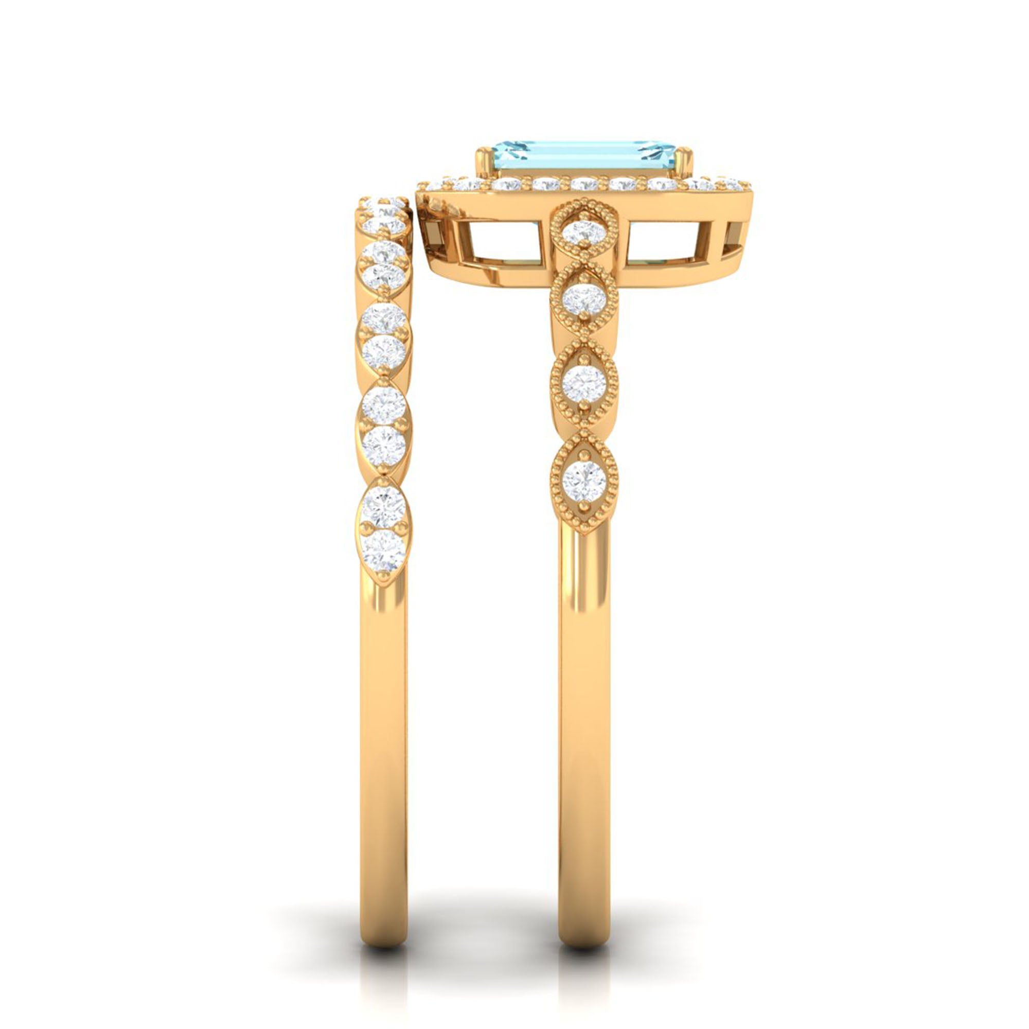 Certified 0.6 Carat Emerald Cut Aquamarine and Diamond Designer Ring Set AAA - Rosec Jewels