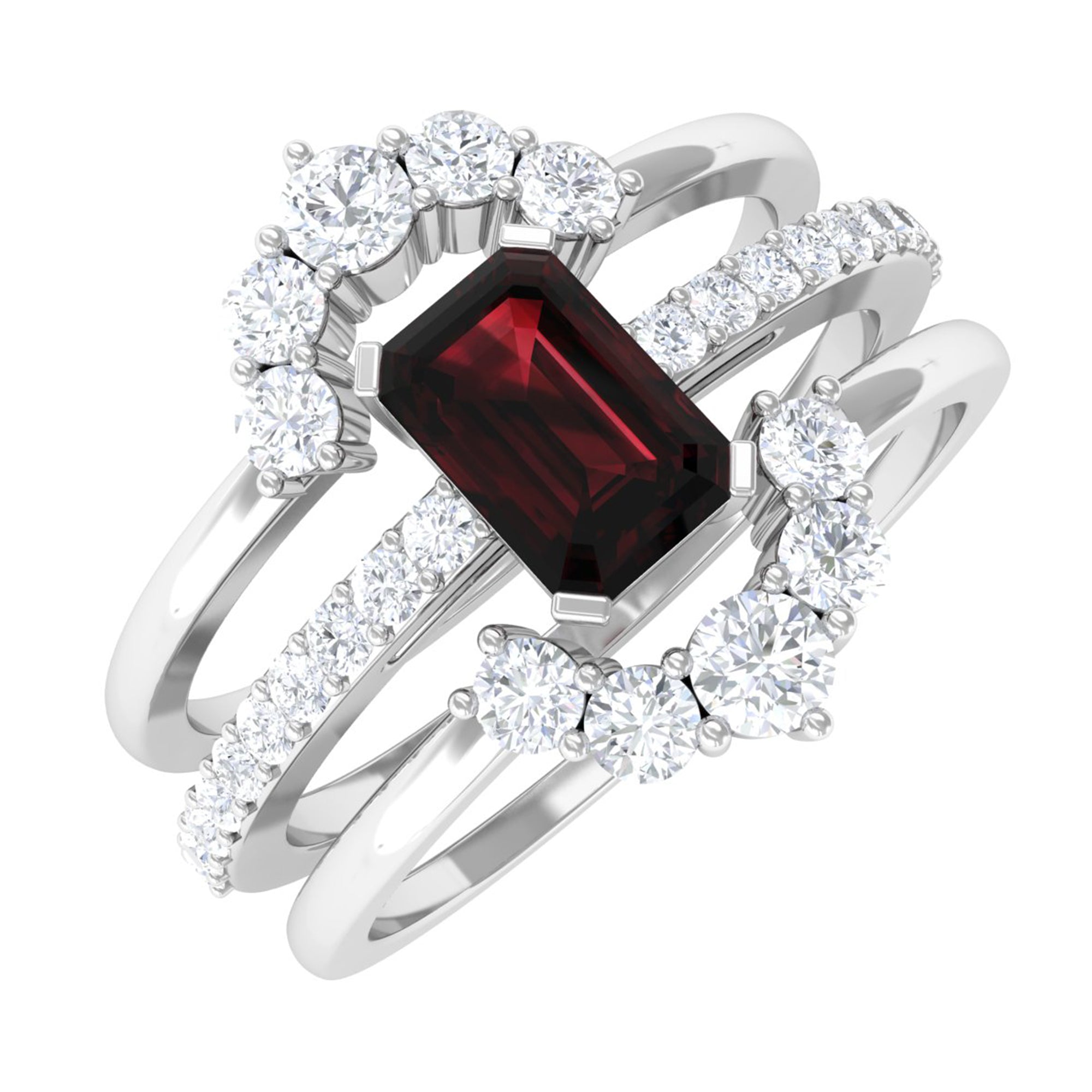 Natural Emerald Cut Garnet Diamond Trio Wedding Ring Set AAA - Rosec Jewels