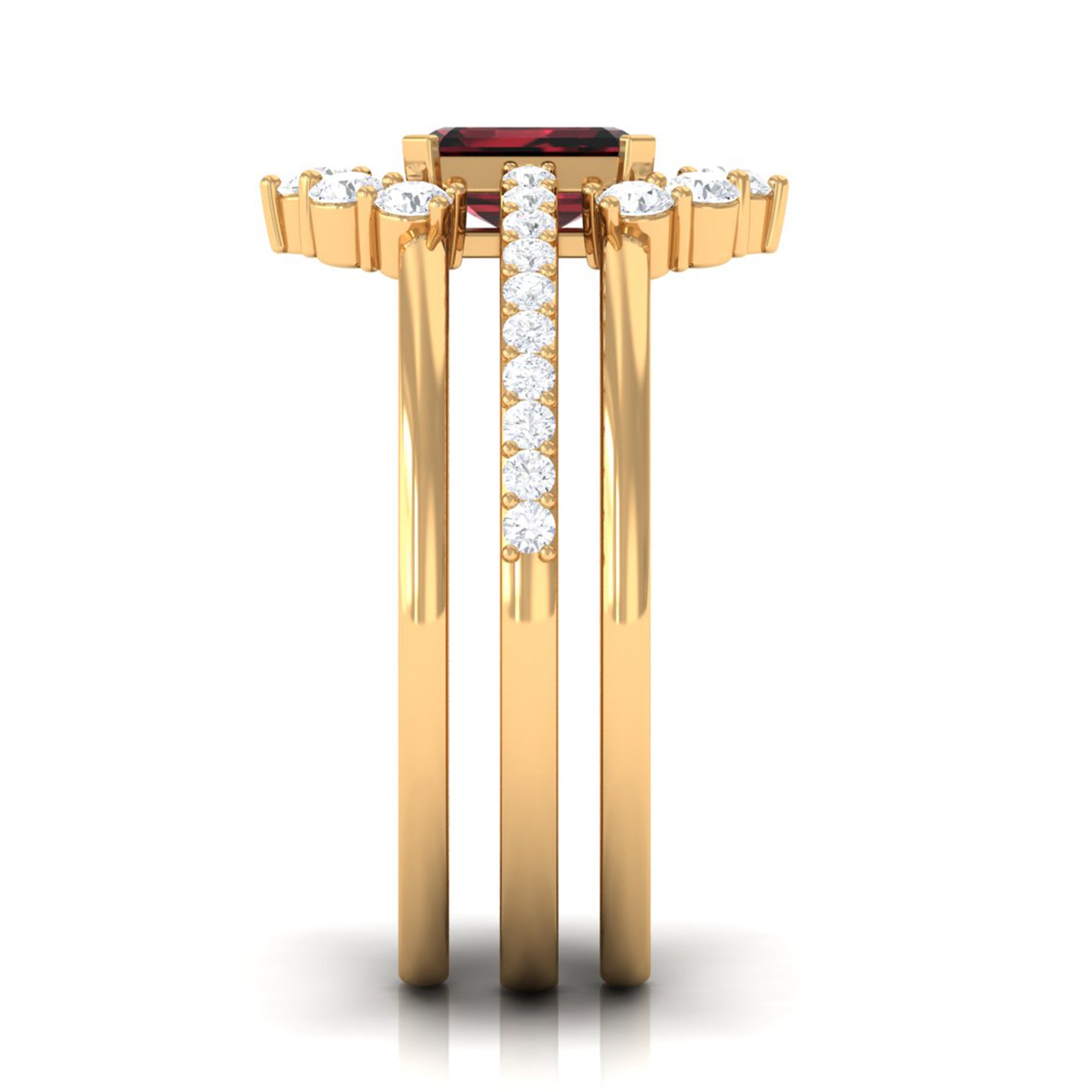 Natural Emerald Cut Garnet Diamond Trio Wedding Ring Set AAA - Rosec Jewels