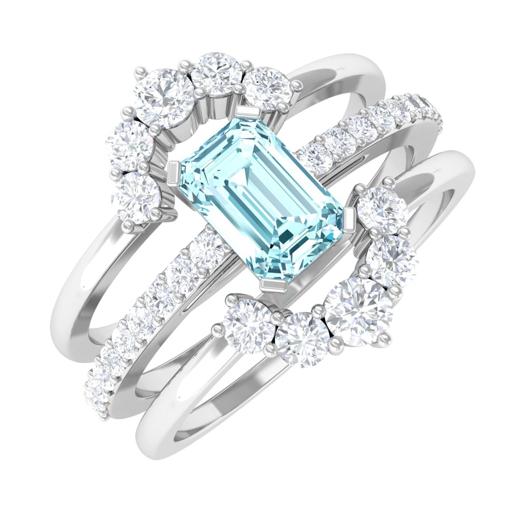 Aquamarine Solitaire Trio Ring Set with Diamond