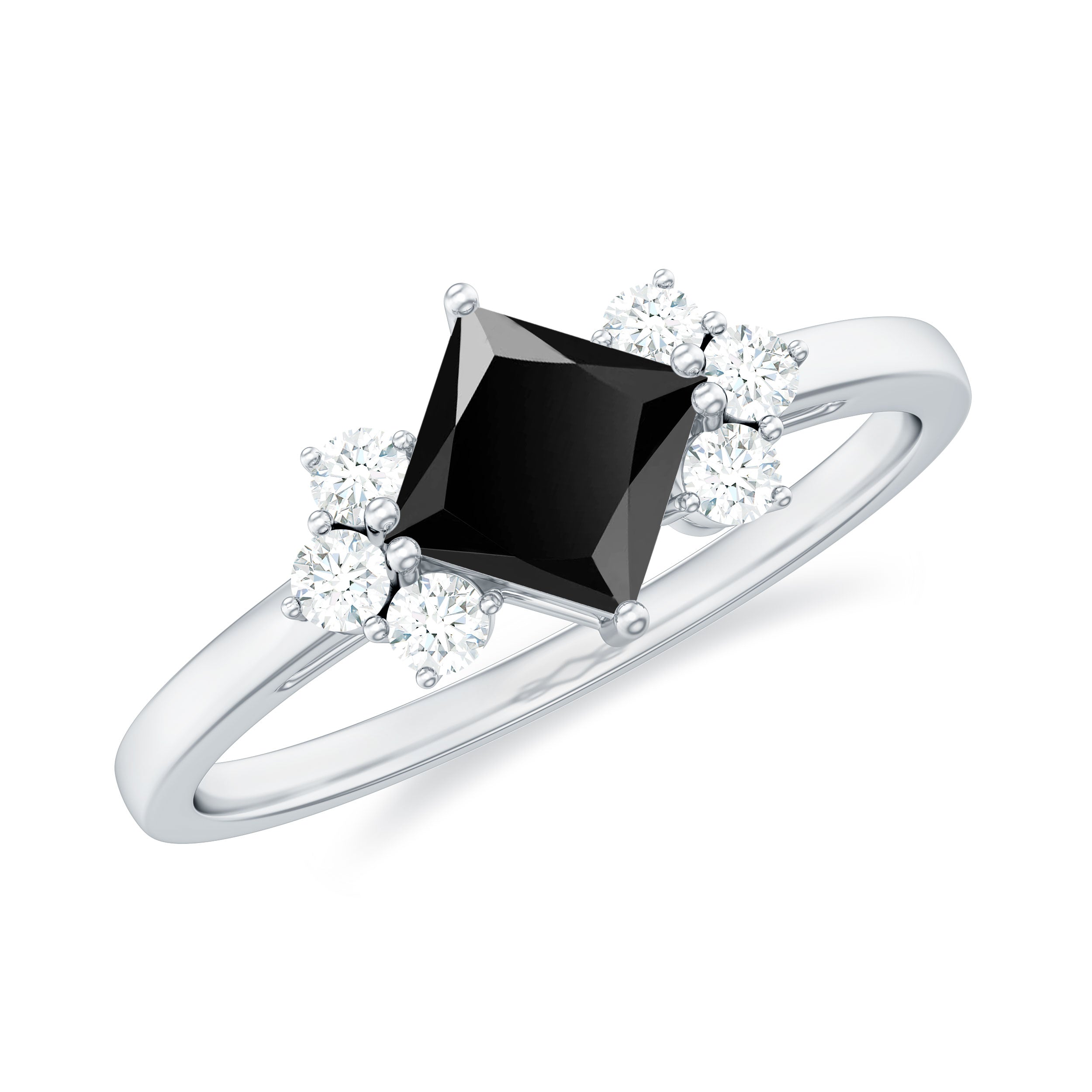 Princess Cut Black Onyx Promise Ring with Diamond Trio