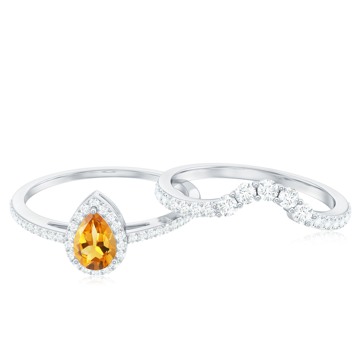 Natural Citrine Teardrop Engagement Ring with Wedding Band AAA - Rosec Jewels