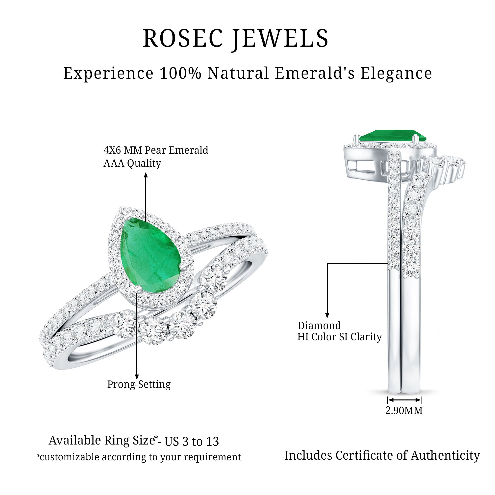 Natural Emerald Diamond Pear Shaped Engagement Wedding Ring Set of 2 AAA - Rosec Jewels