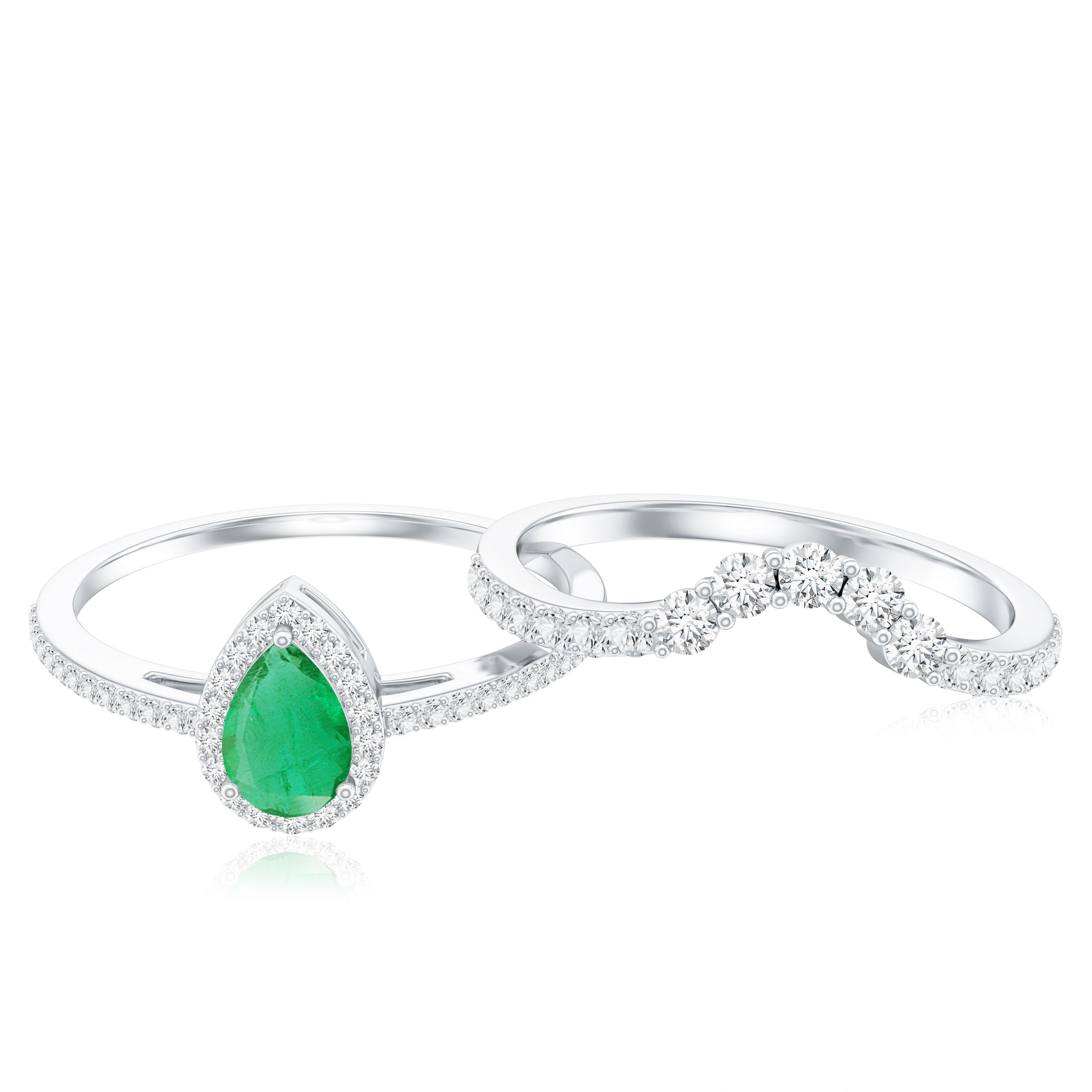 Natural Emerald Diamond Pear Shaped Engagement Wedding Ring Set of 2 AAA - Rosec Jewels