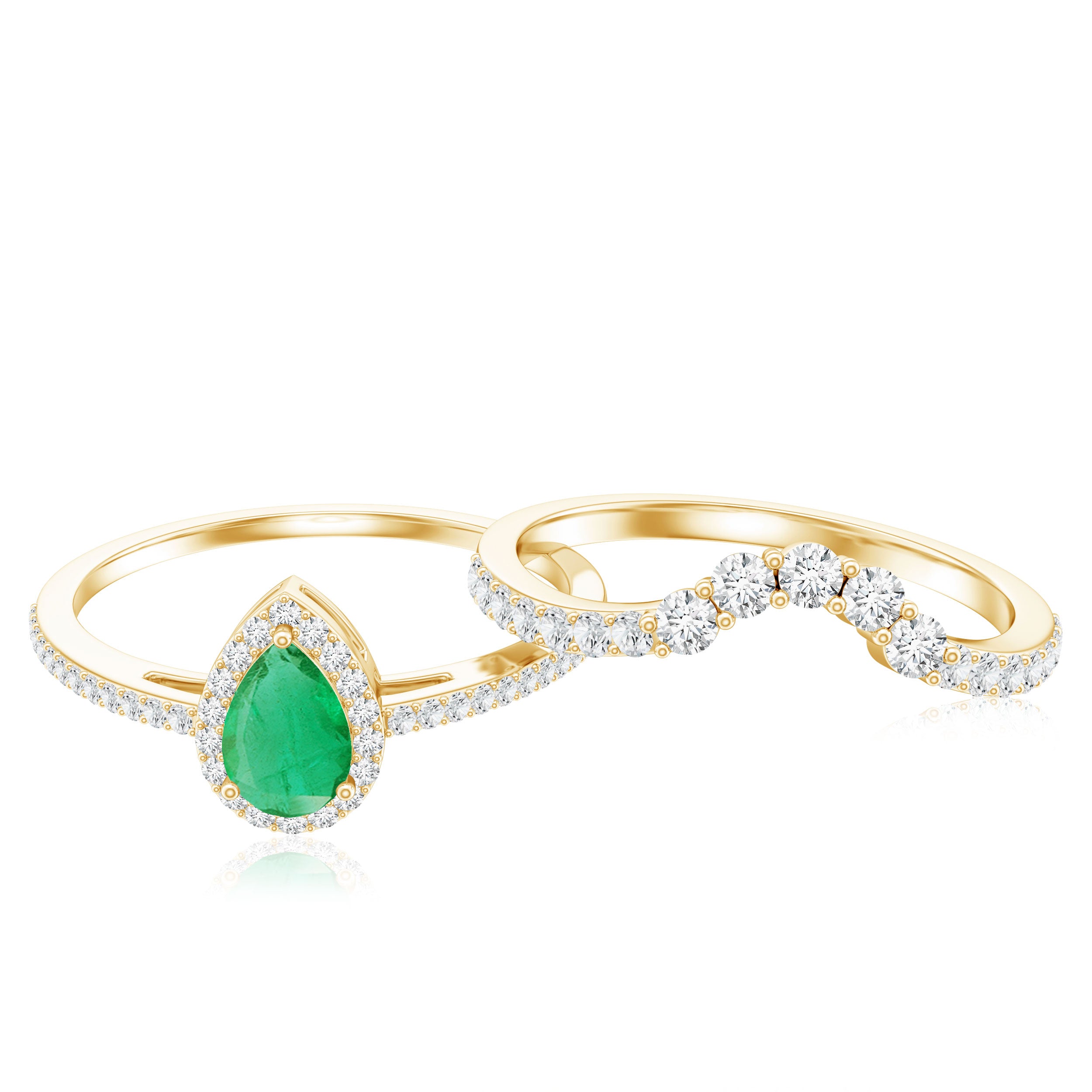 Natural Emerald Diamond Pear Shaped Engagement Wedding Ring Set of 2 AAA - Rosec Jewels