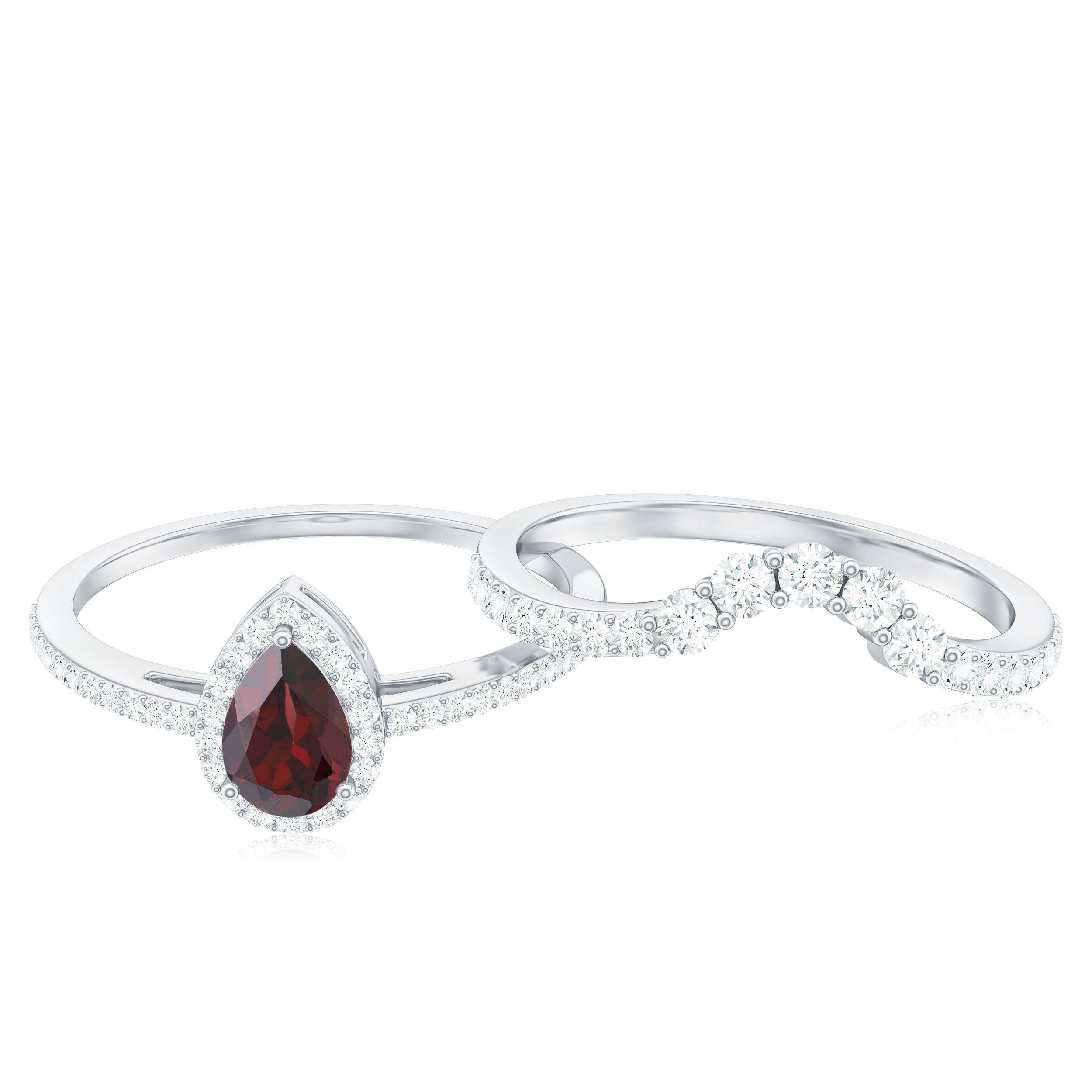Natural 5X7mm Pear Shape Garnet Diamond Wedding Engagement Ring Set AAA - Rosec Jewels
