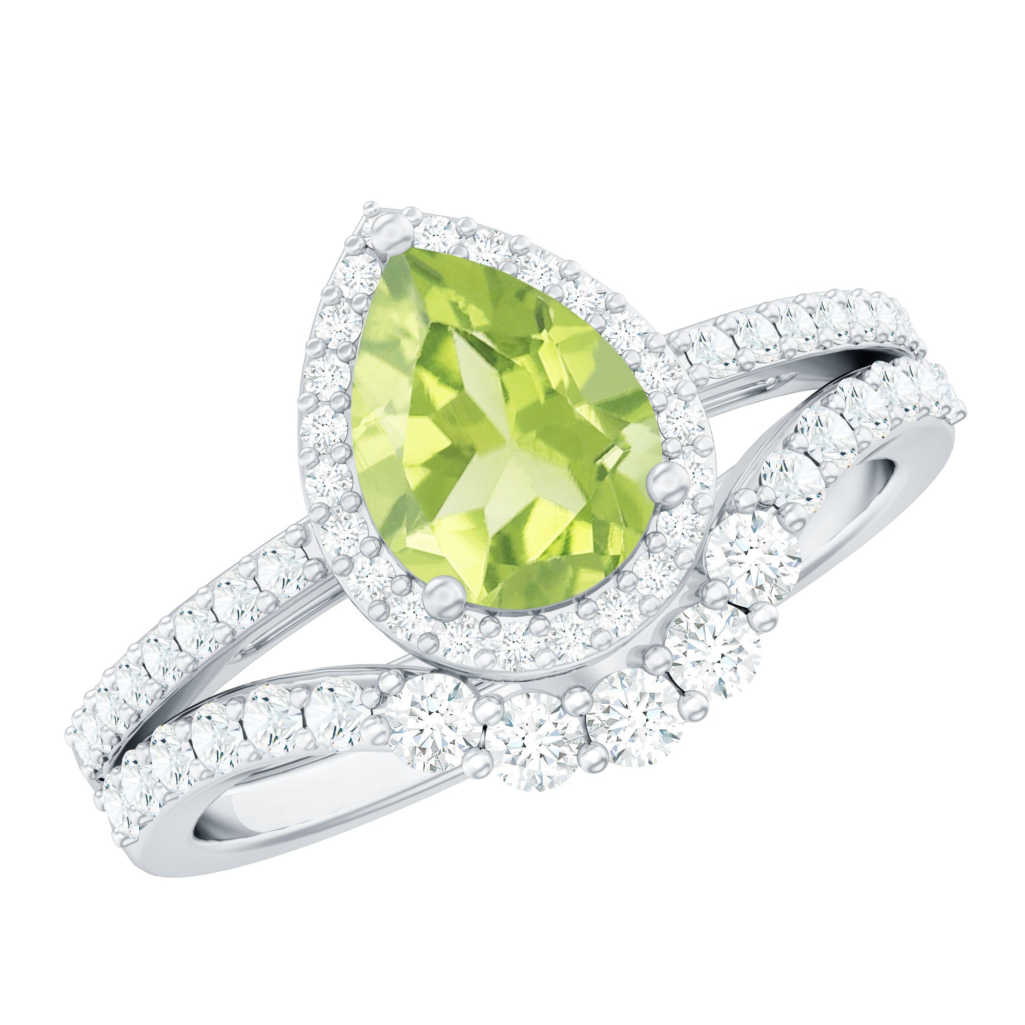 1.5 CT Peridot Designer Teardrop Ring Set with Moissanite Halo