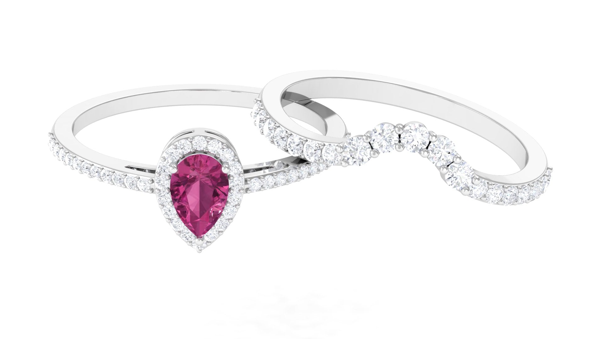 Pink tourmaline Designer Teardrop Ring Set with Moissanite Halo AAA - Rosec Jewels