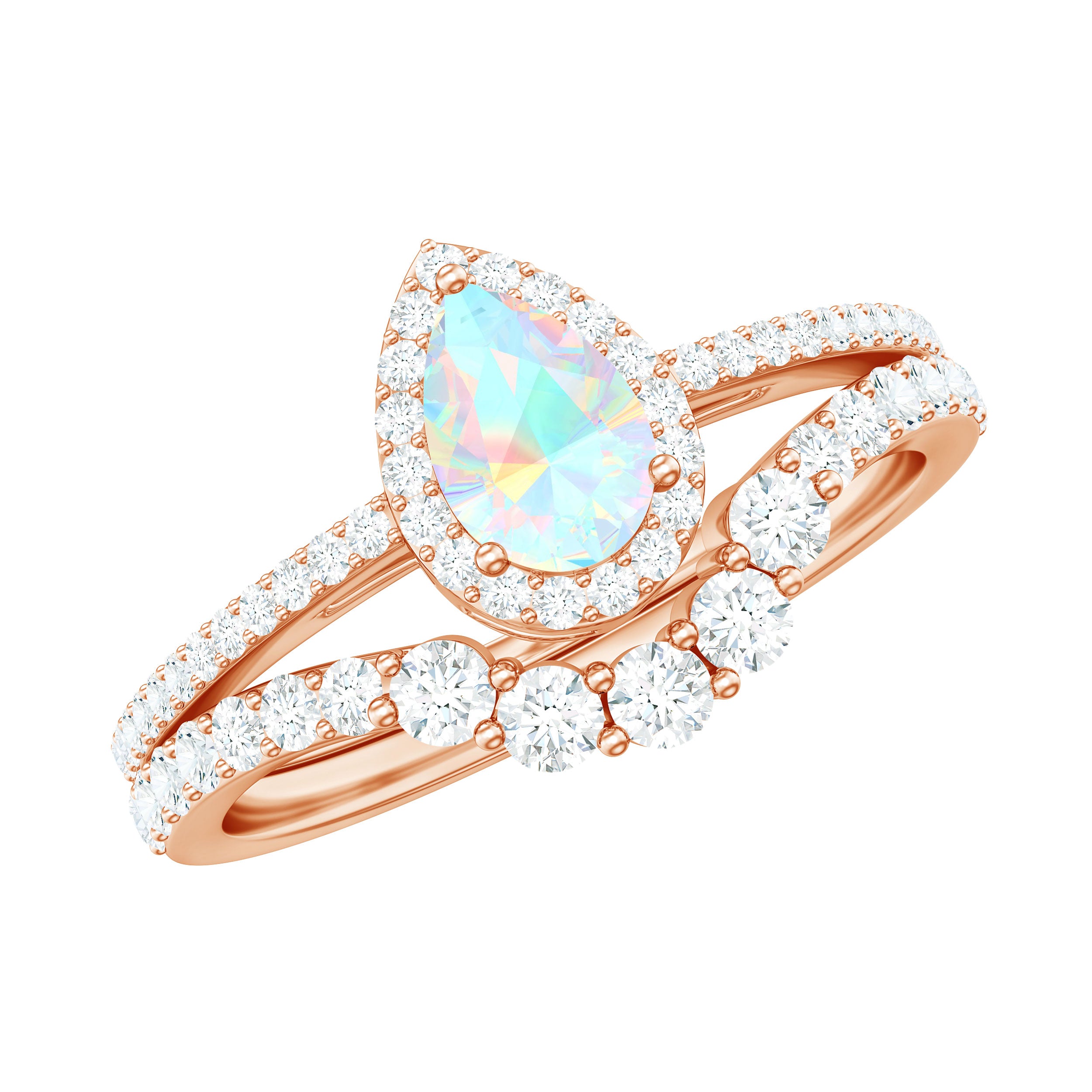 Certified Natural Ethiopian Opal Teardrop Wedding Engagement Ring Set of 2 AAA - Rosec Jewels