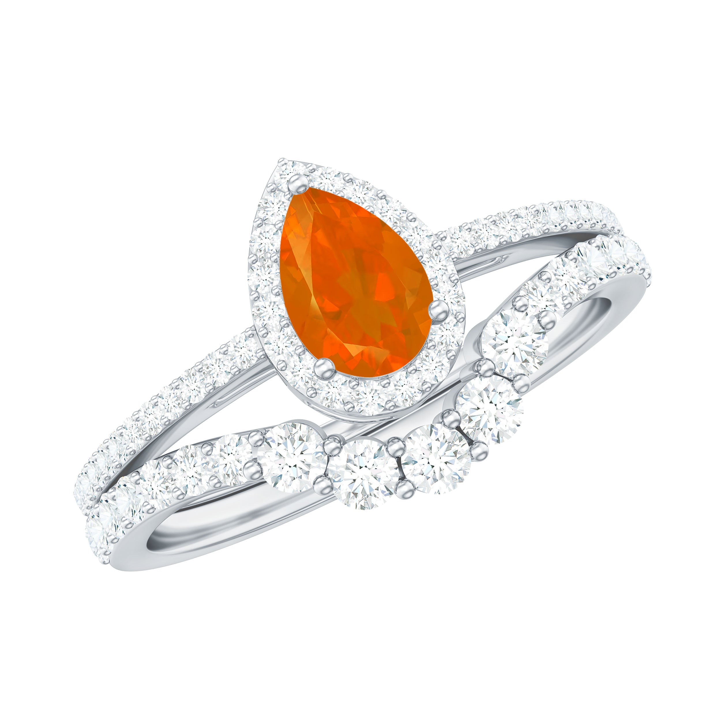 Fire Opal Designer Teardrop Ring Set with Moissanite Halo