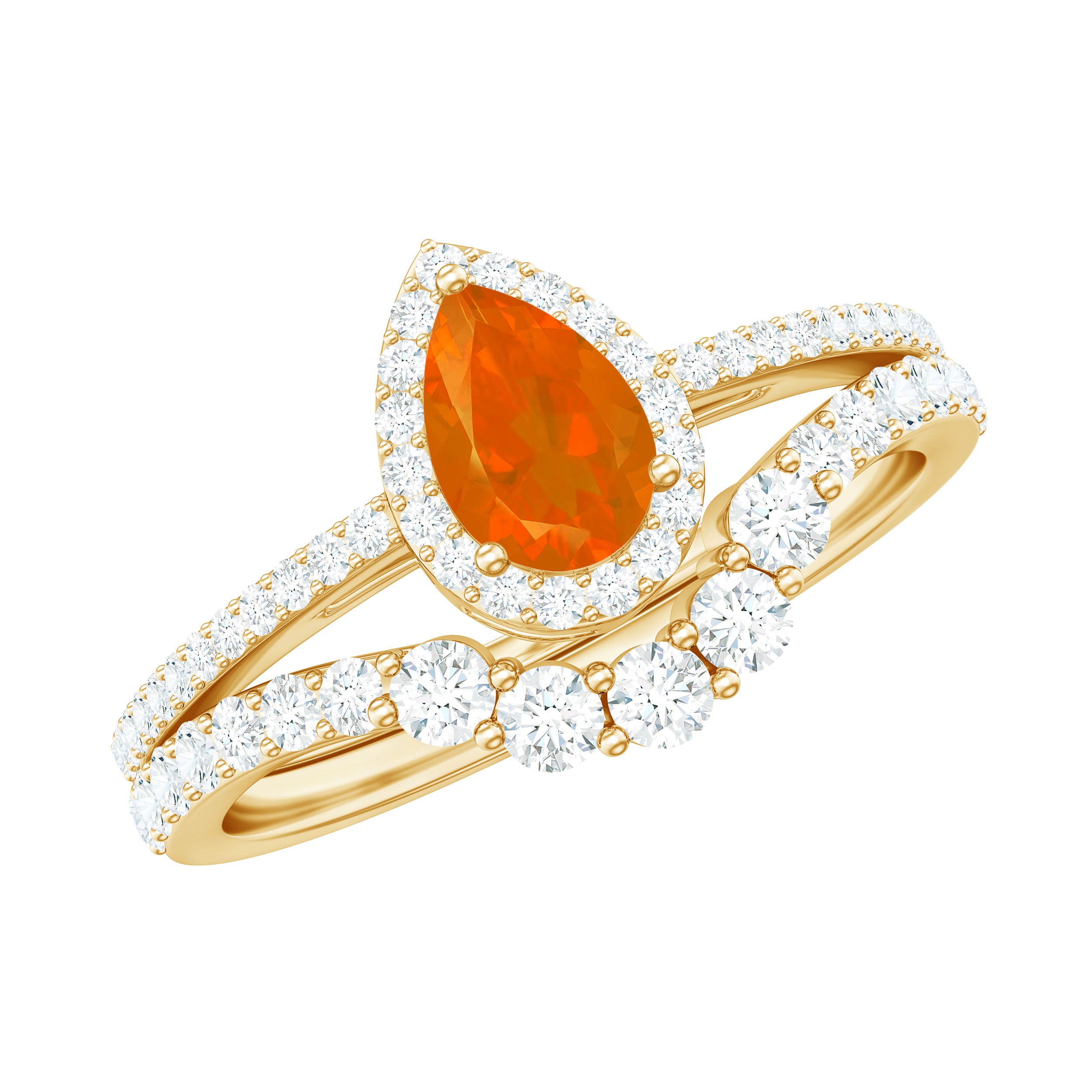 Rosec Jewels-Fire Opal Designer Teardrop Ring Set with Moissanite Halo