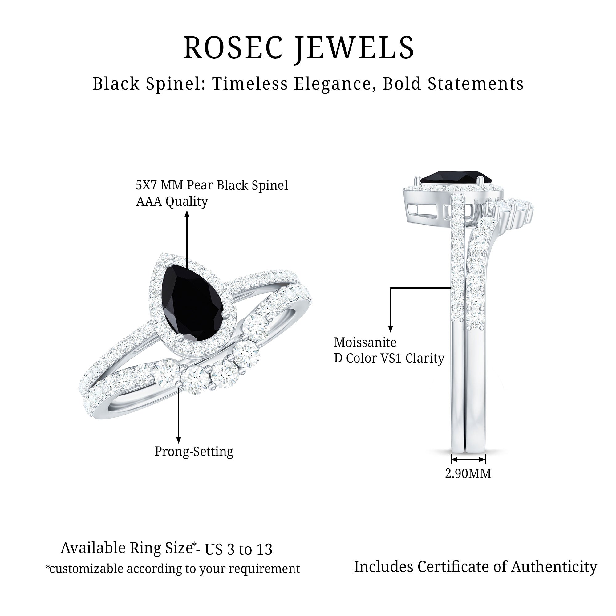 Natural Black Spinel Pear Shaped Engagement Ring with Moissanite Enhancer AAA - Rosec Jewels
