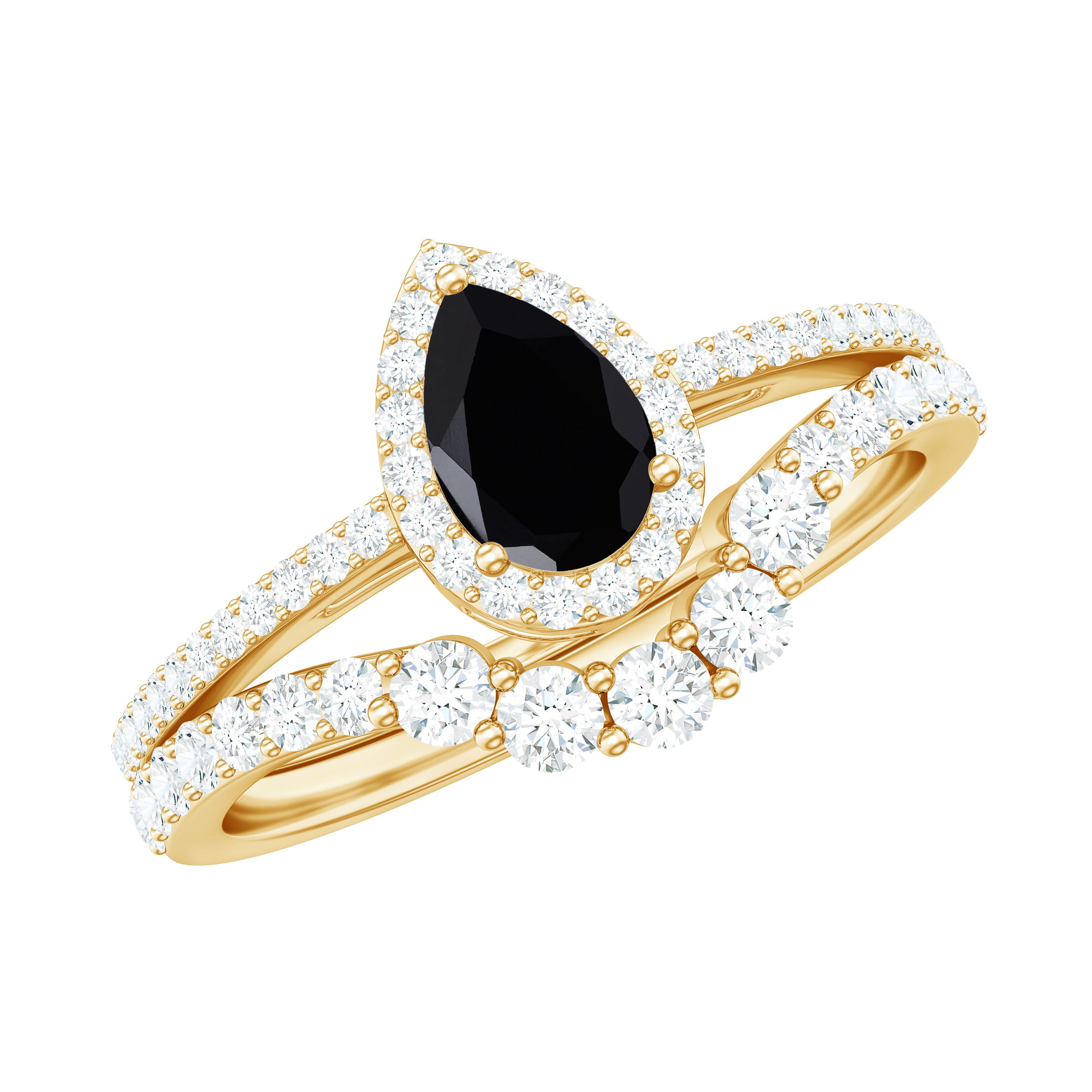 Natural Black Spinel Pear Shaped Engagement Ring with Moissanite Enhancer AAA - Rosec Jewels