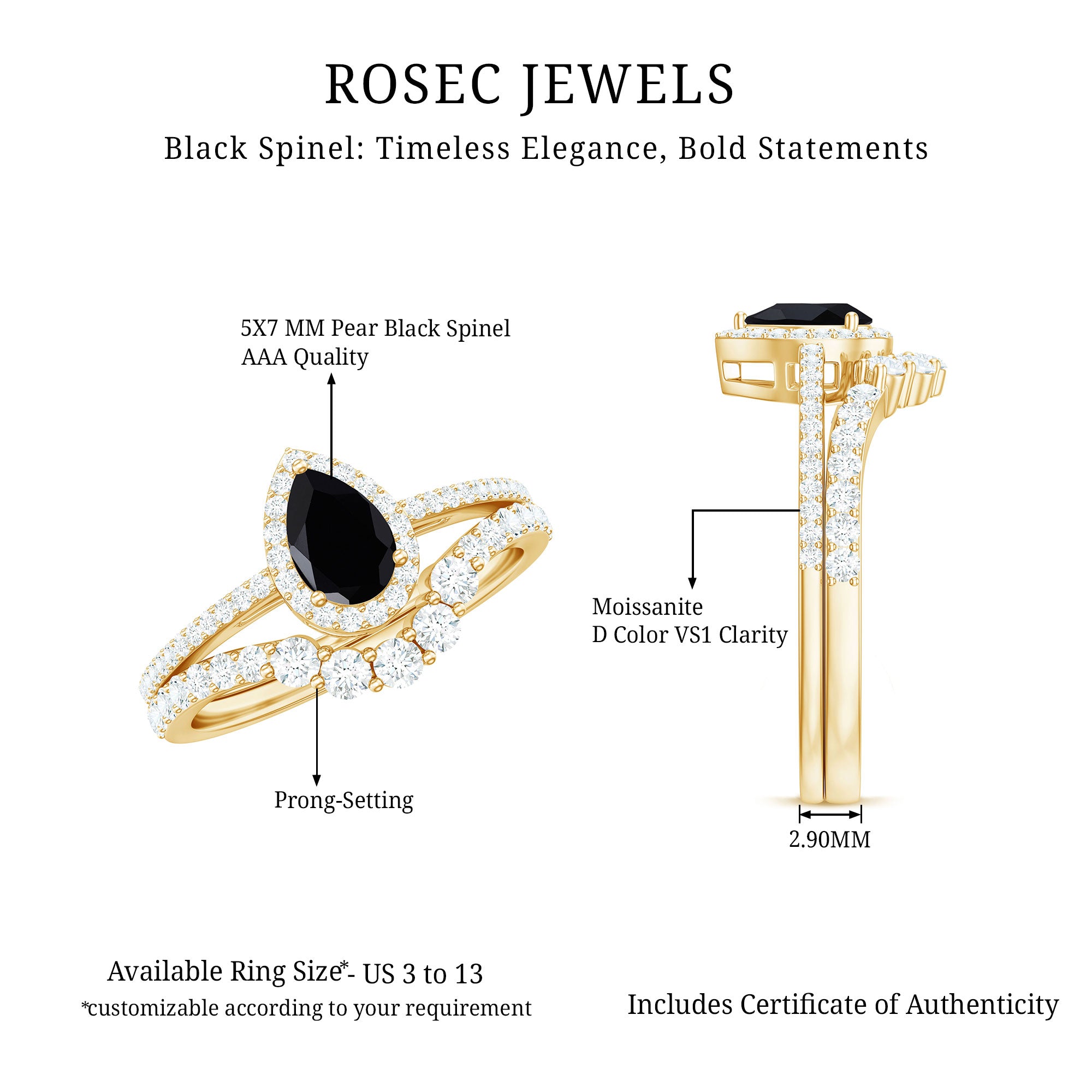 Natural Black Spinel Pear Shaped Engagement Ring with Moissanite Enhancer AAA - Rosec Jewels
