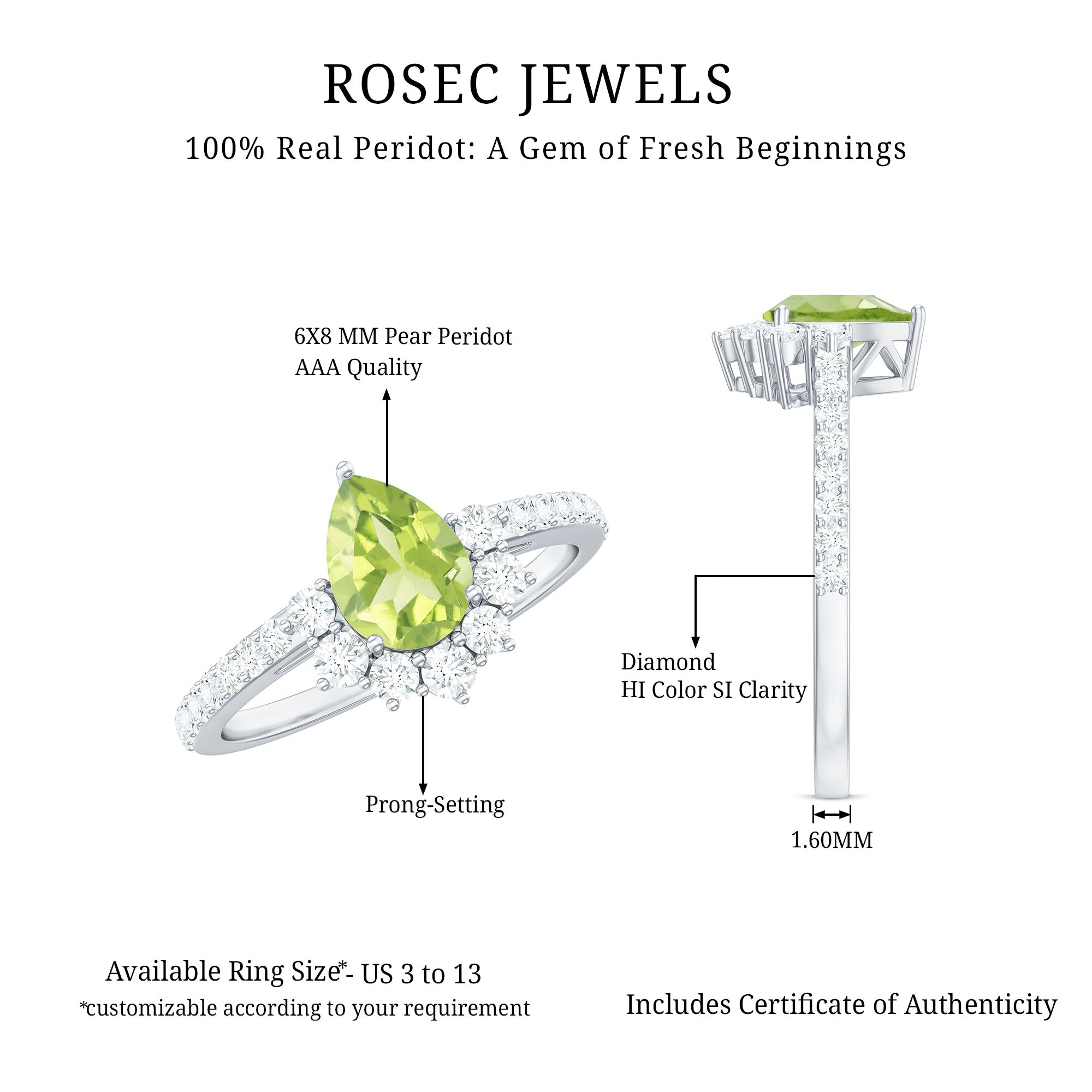 Natural 1 Carat Peridot Teardrop Engagement Ring with Diamond Half Halo AAA - Rosec Jewels