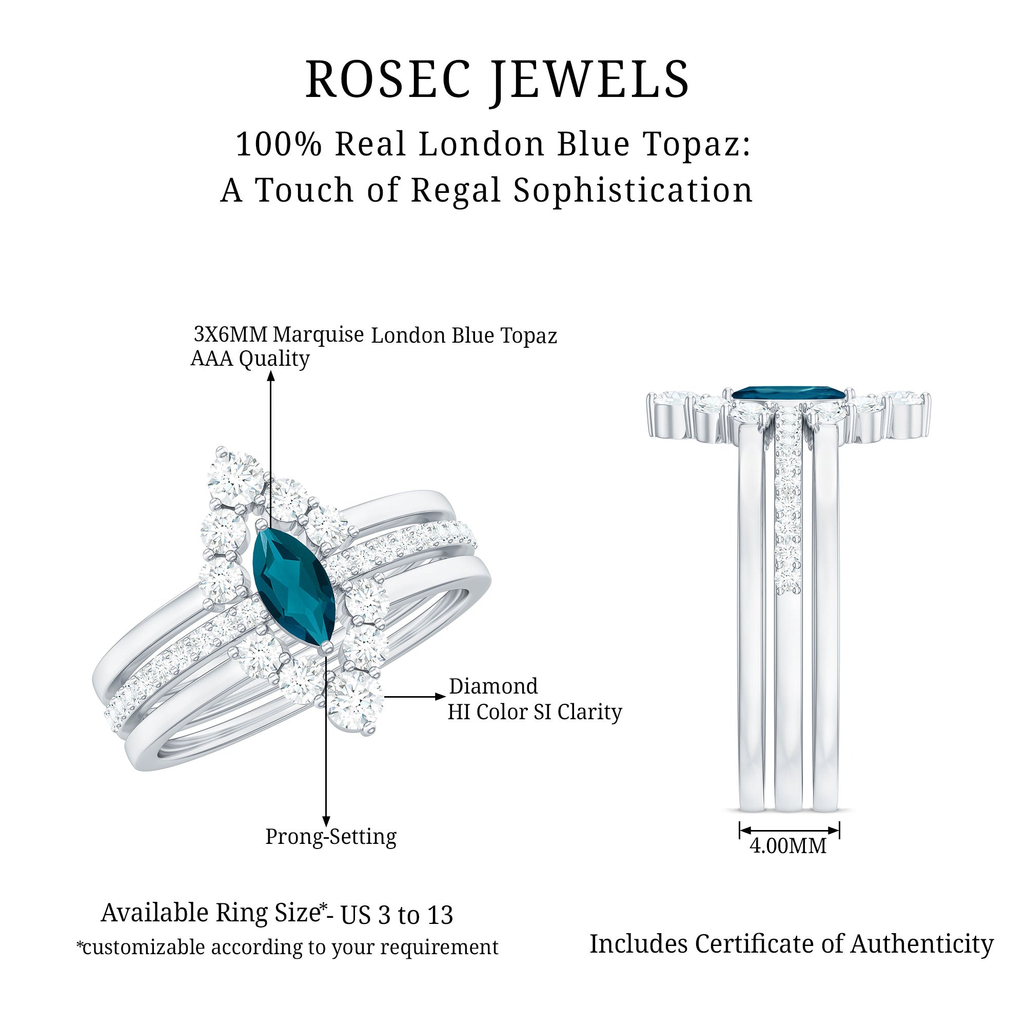 Marquise London Blue Topaz Bridal Ring Set with 2 Diamond Ring Guards AAA - Rosec Jewels