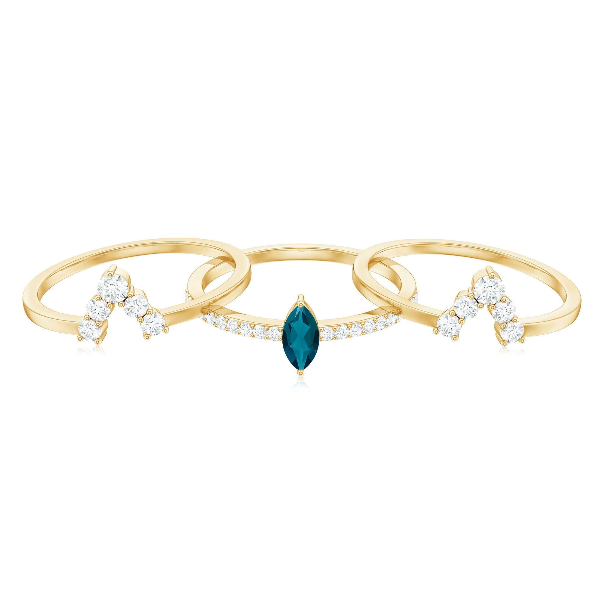 Marquise London Blue Topaz Bridal Ring Set with 2 Diamond Ring Guards AAA - Rosec Jewels