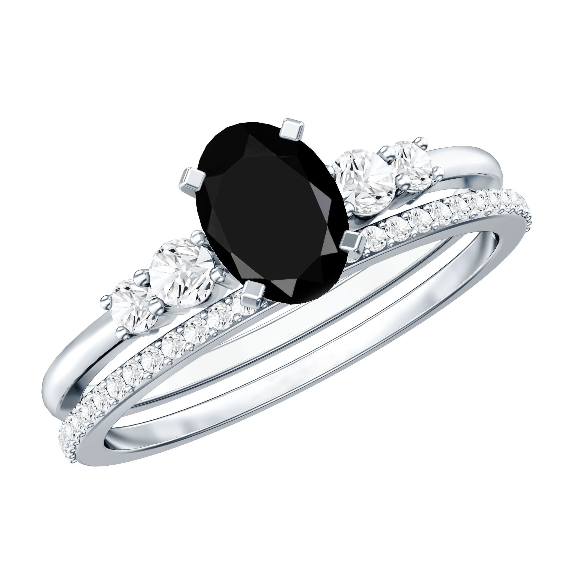 Certified Oval Lab Grown Black and White Diamond Wedding Engagement Ring Set AAAA ( Synthetic ) - Rosec Jewels