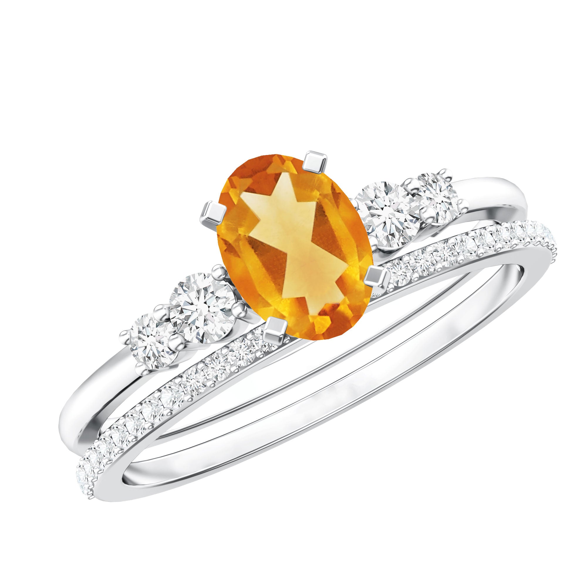 Natural Oval Citrine Diamond Wedding Bridal Ring Set of 2 AAA - Rosec Jewels