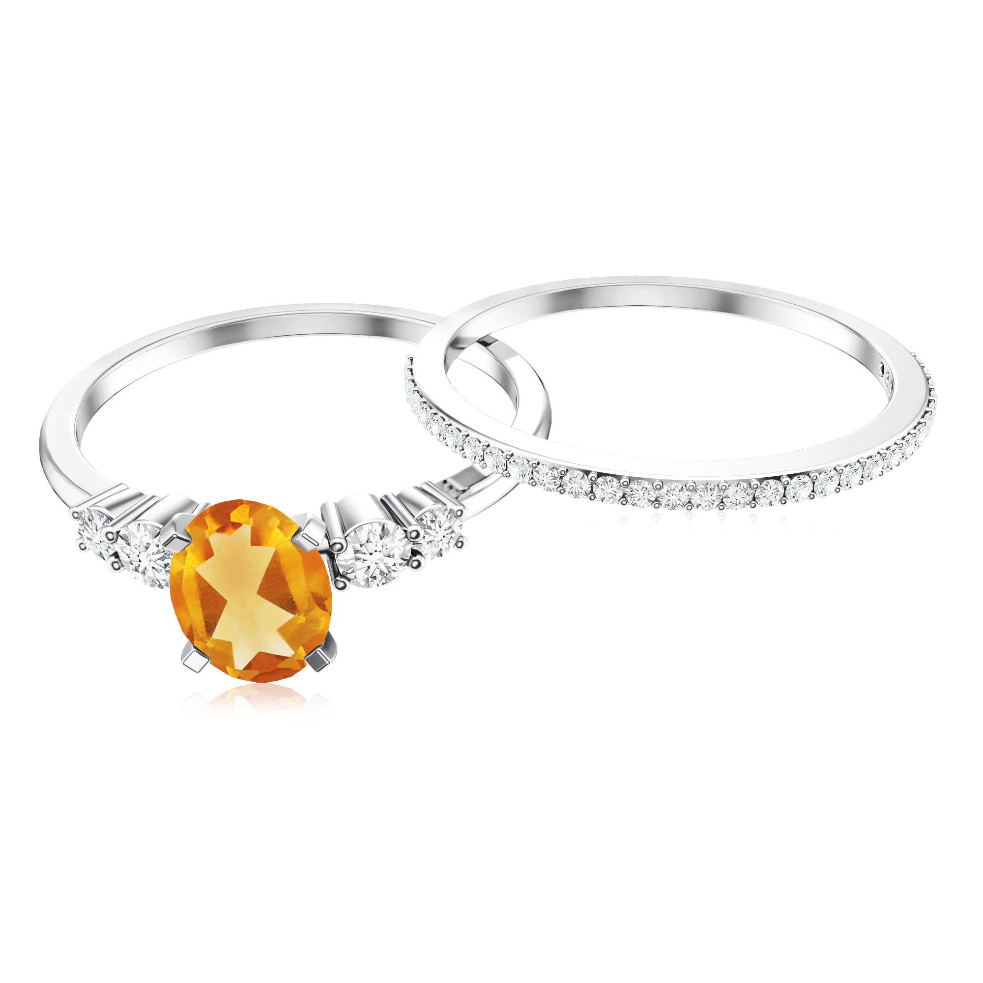 Natural Oval Citrine Diamond Wedding Bridal Ring Set of 2 AAA - Rosec Jewels