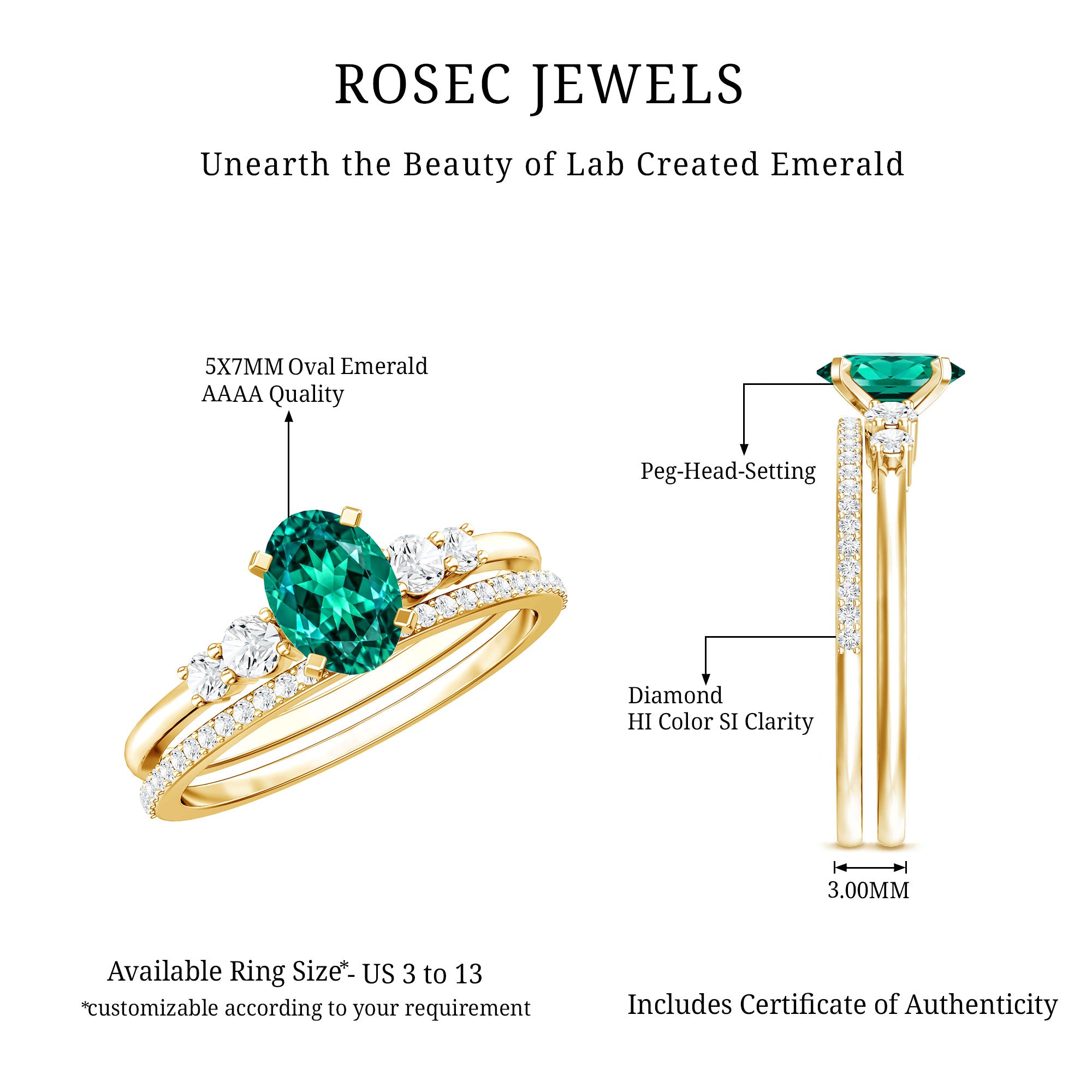 Certified Oval Lab Grown Emerald Diamond Engagement Ring Set AAAA - Rosec Jewels