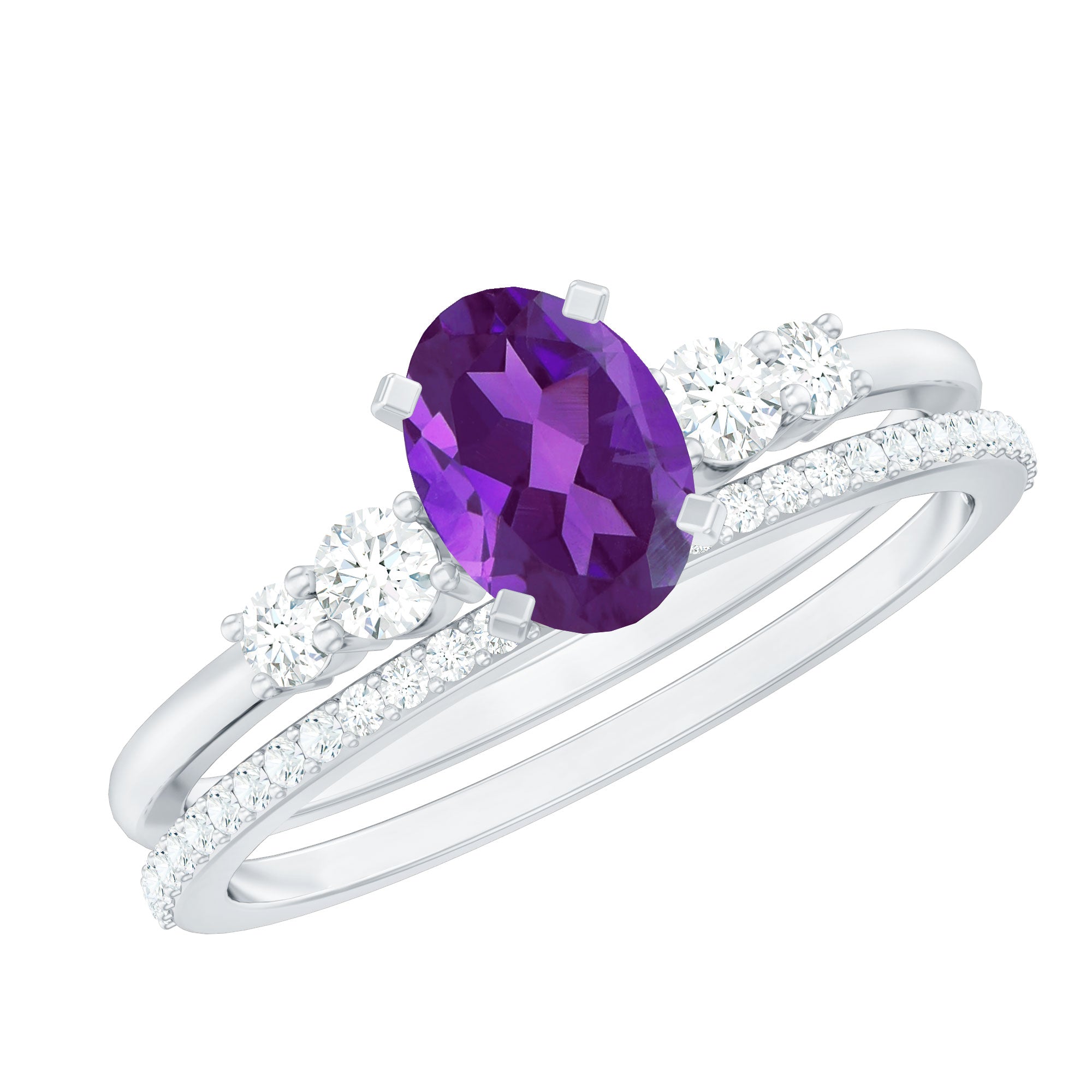 1 Carat Amethyst Diamond Oval Engagement Ring with Wedding Band AAA - Rosec Jewels