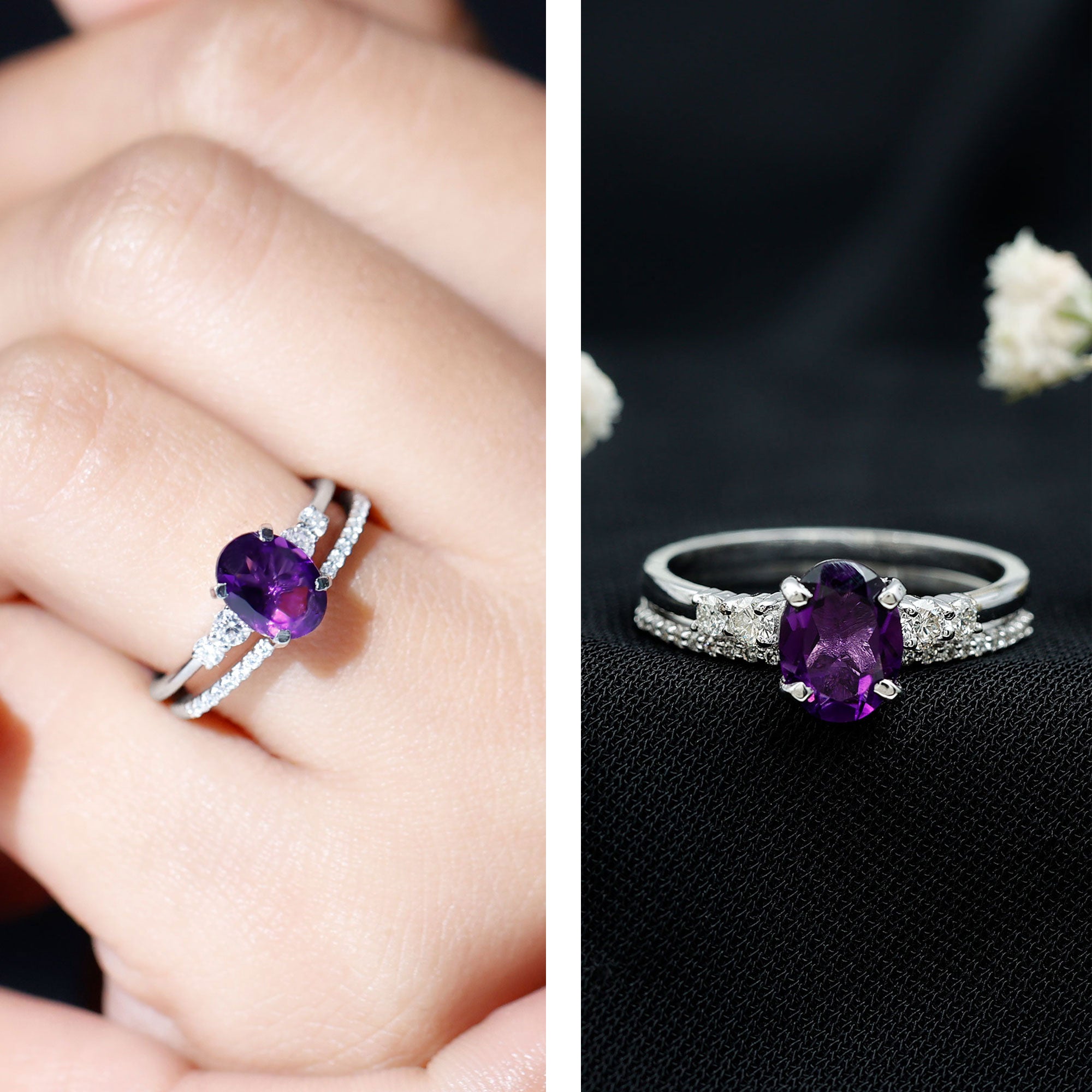 1 Carat Amethyst Diamond Oval Engagement Ring with Wedding Band AAA - Rosec Jewels