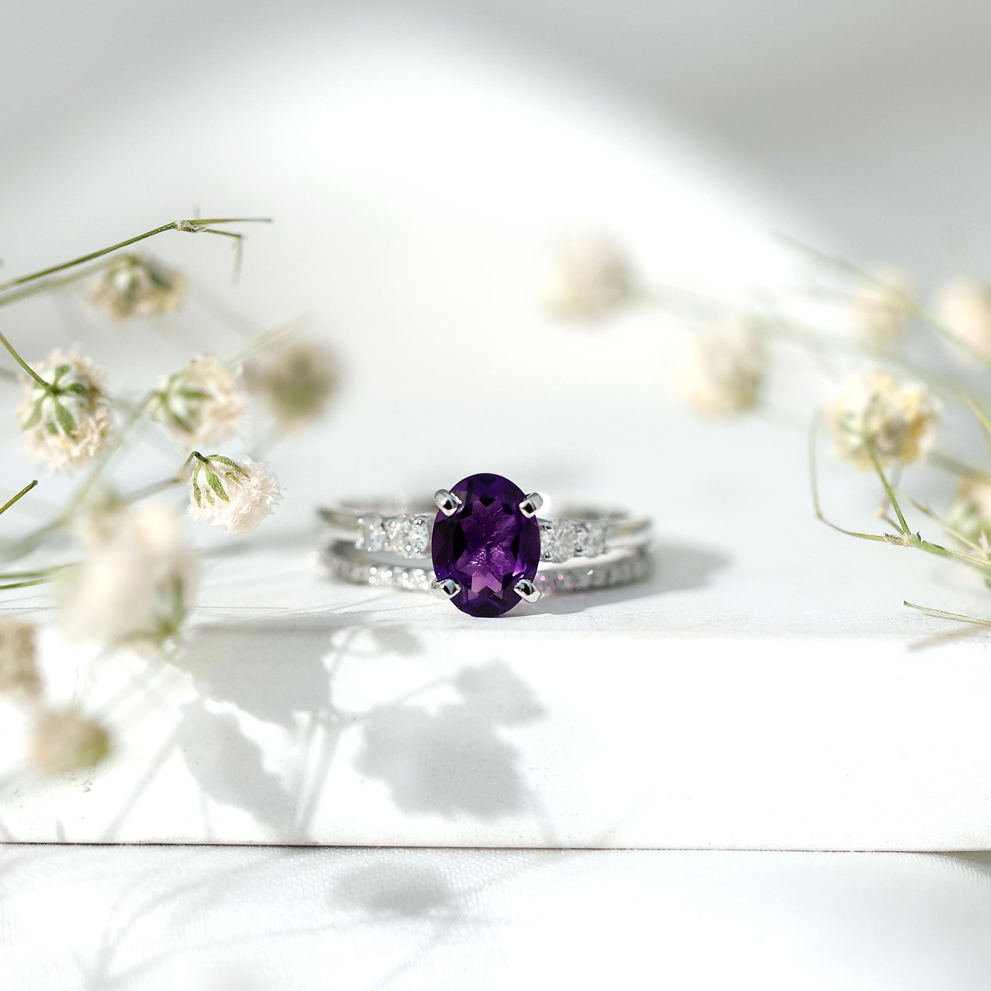 1 Carat Amethyst Diamond Oval Engagement Ring with Wedding Band AAA - Rosec Jewels
