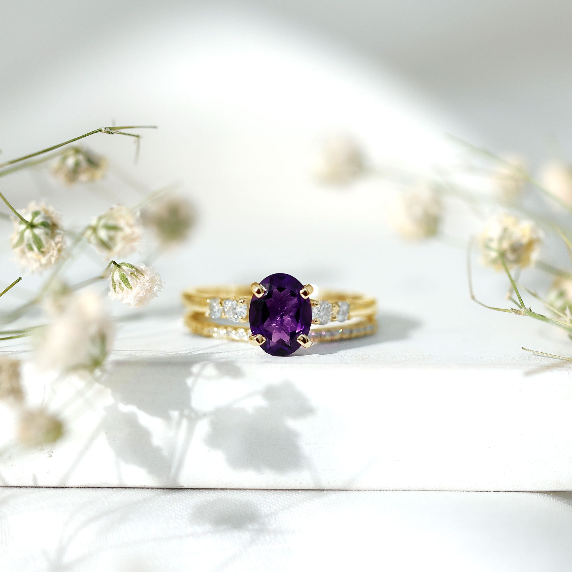 1 Carat Amethyst Diamond Oval Engagement Ring with Wedding Band AAA - Rosec Jewels