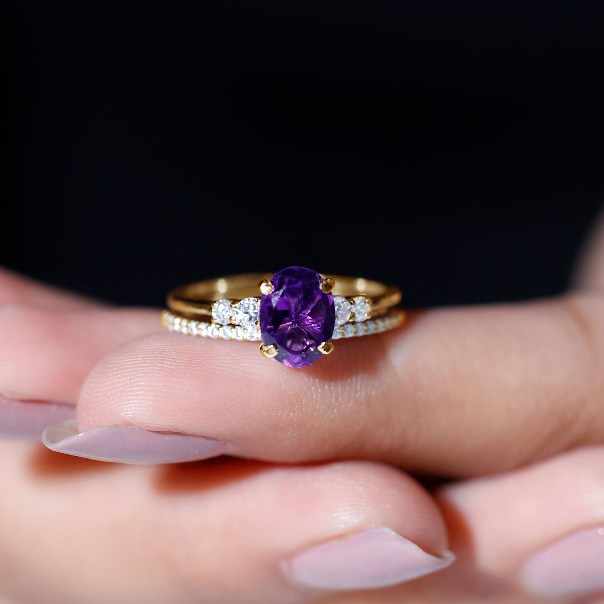 1 Carat Amethyst Diamond Oval Engagement Ring with Wedding Band AAA - Rosec Jewels