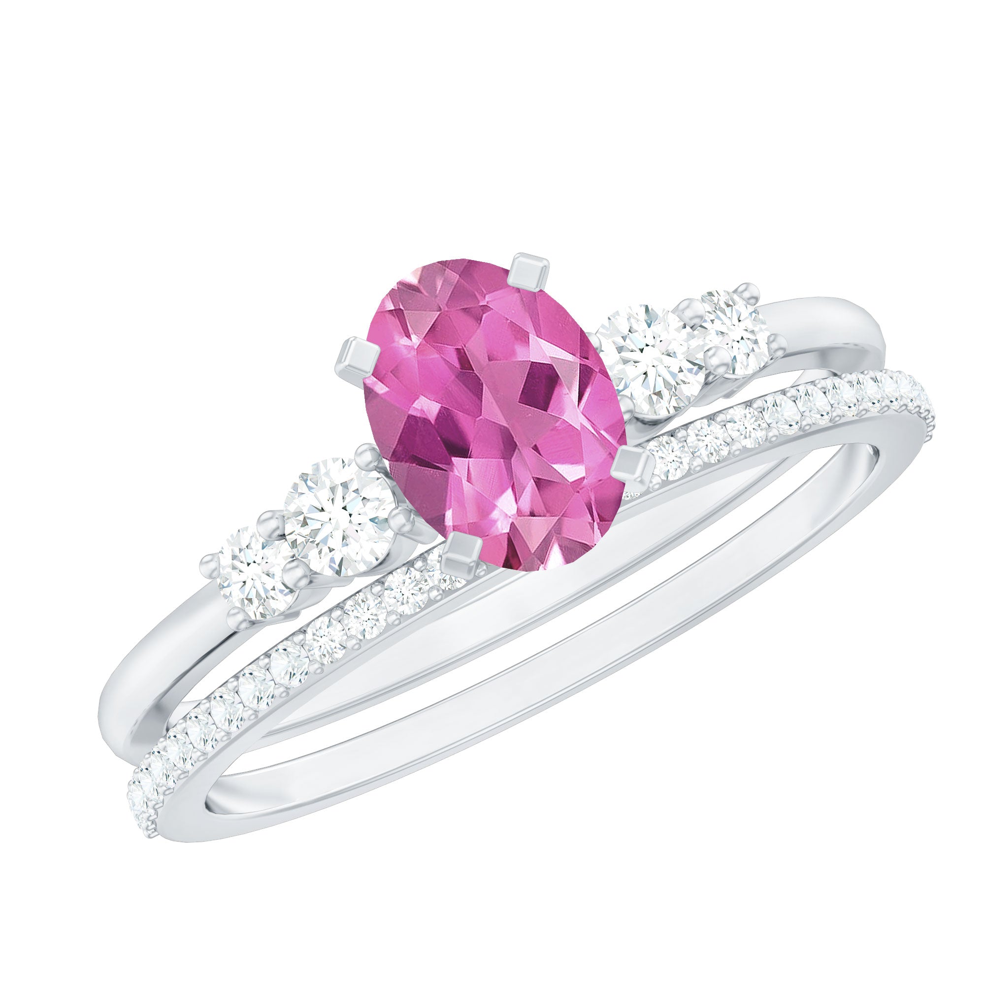 Oval Pink tourmaline Wedding Ring Set with Moissanite