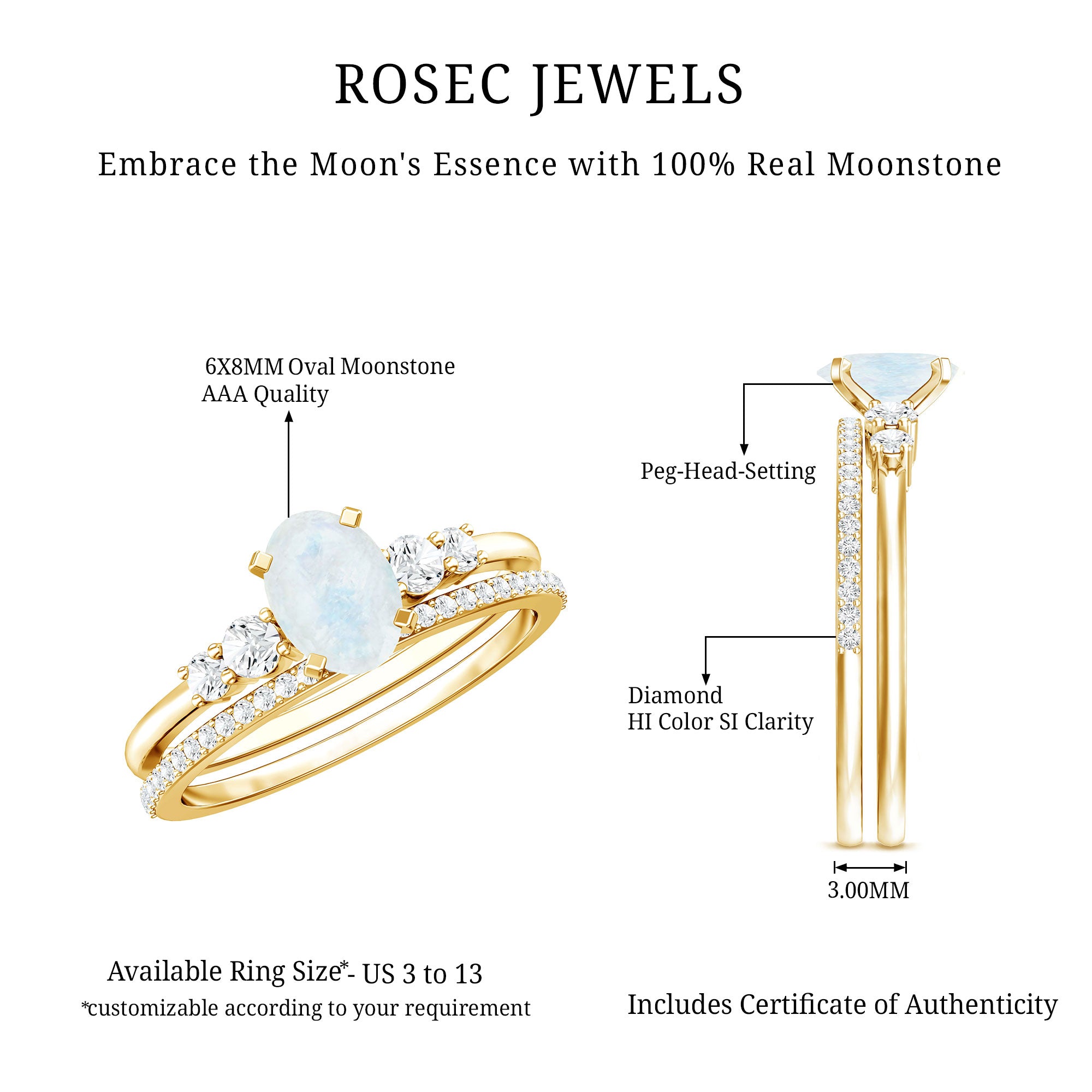 Oval Moonstone Solitaire Ring Set with Diamond AAA - Rosec Jewels