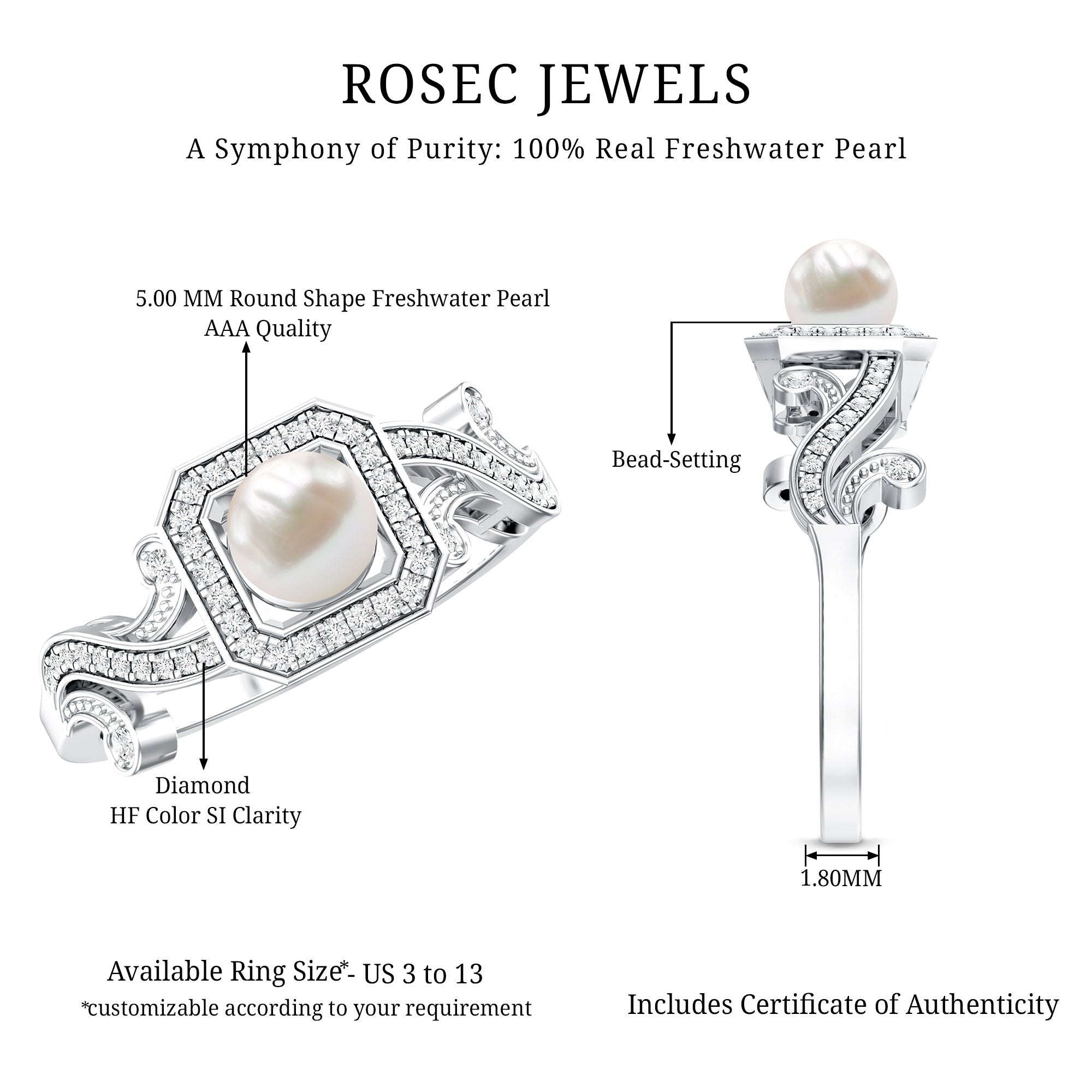 Rosec Jewels-Vintage Inspired 2 Carat Pearl Engagement Ring with Diamond Halo