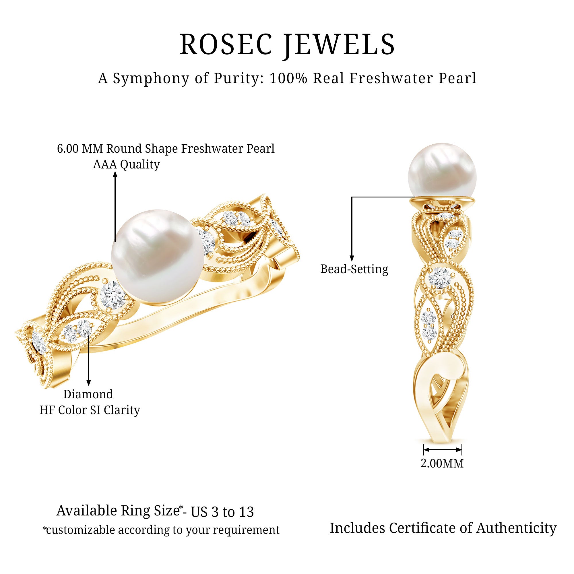 2 Carat Freshwater Pearl Vintage Looking Engagement Ring with Diamond AAA - Rosec Jewels