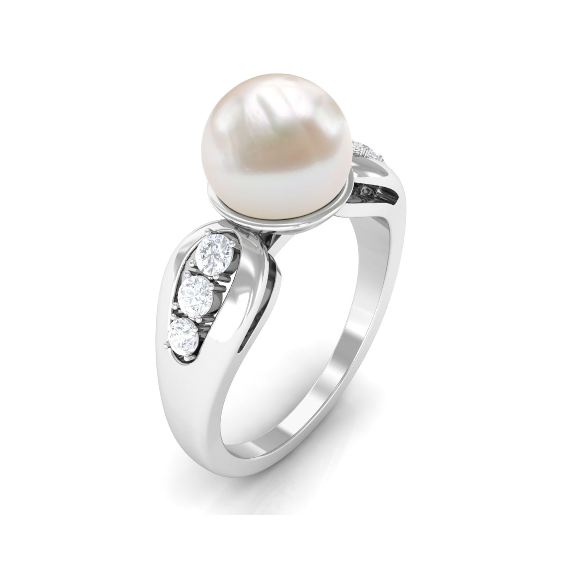 Rosec Jewels-Bead Set Freshwater Pearl Solitaire Ring with Diamond Side Stones