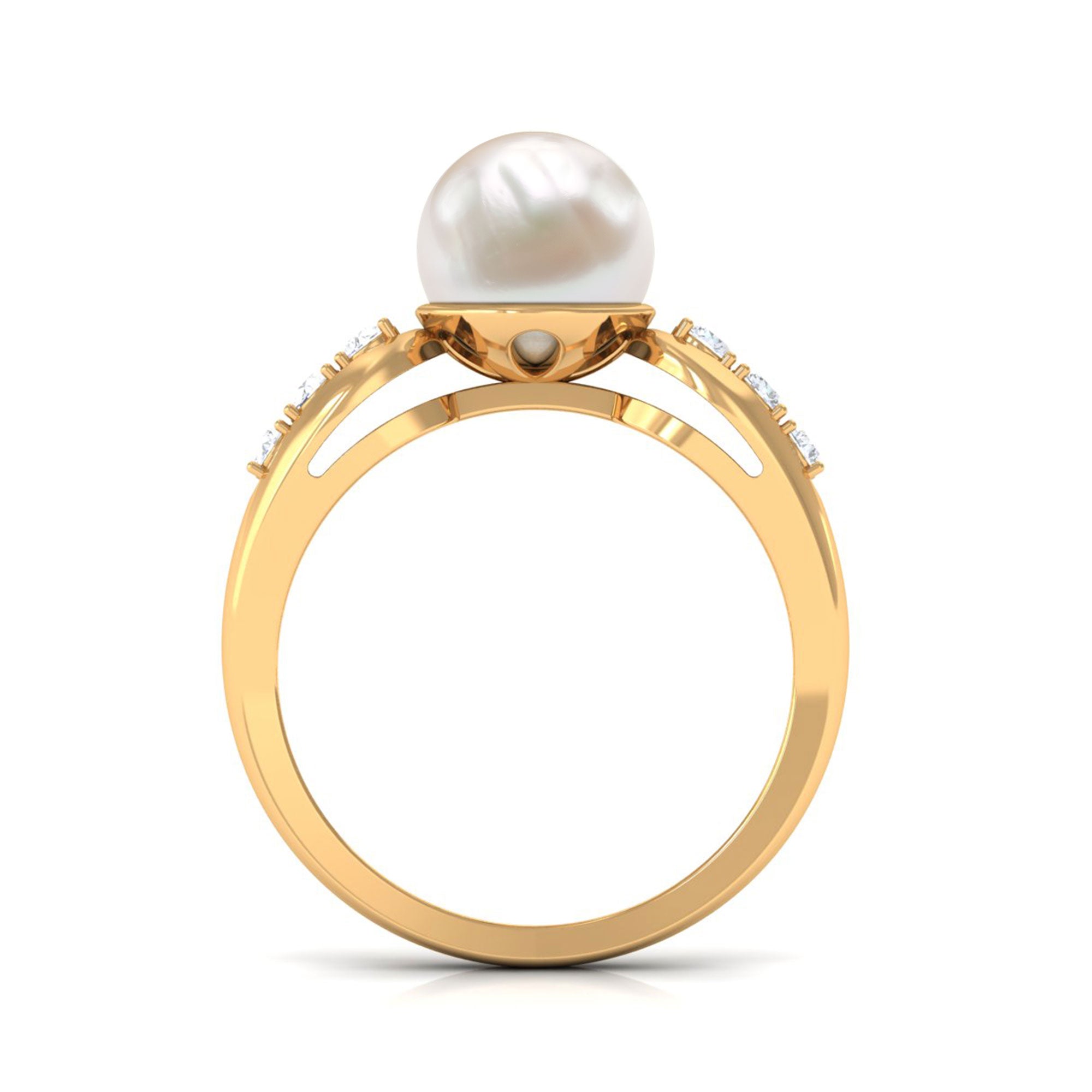 Rosec Jewels-Bead Set Freshwater Pearl Solitaire Ring with Diamond Side Stones