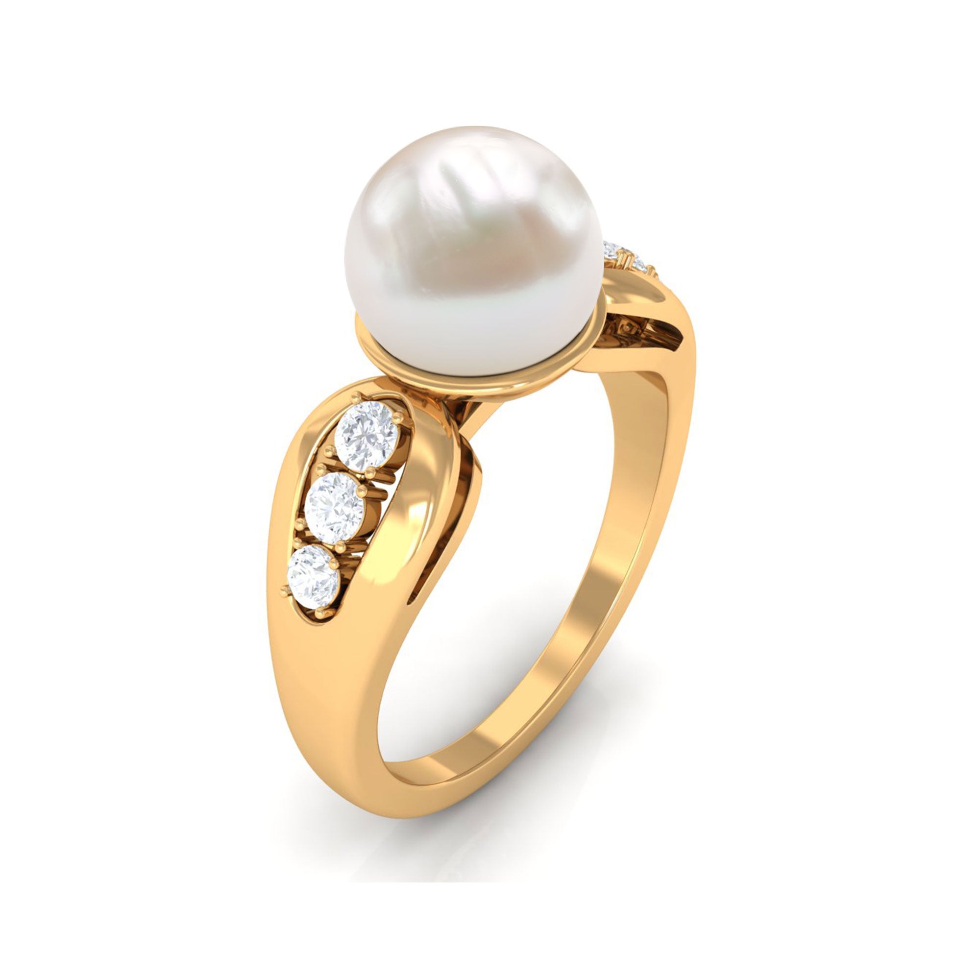 Rosec Jewels-Bead Set Freshwater Pearl Solitaire Ring with Diamond Side Stones
