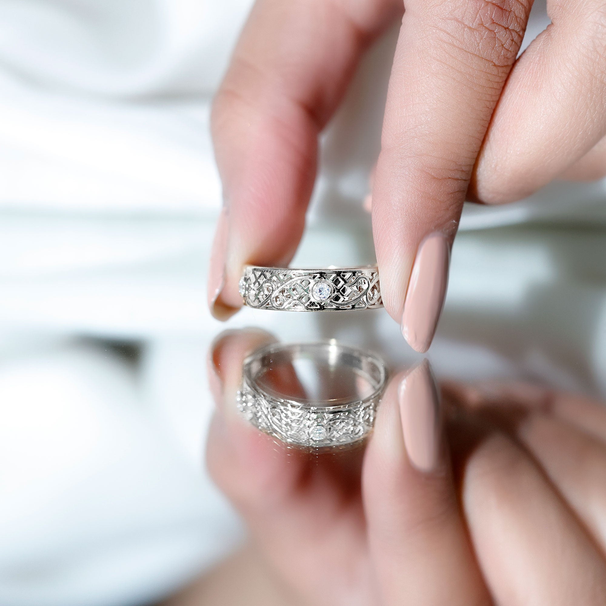 Bezel Set Round Diamond Filigree Ring Natural - ( HI-SI ) - Rosec Jewels