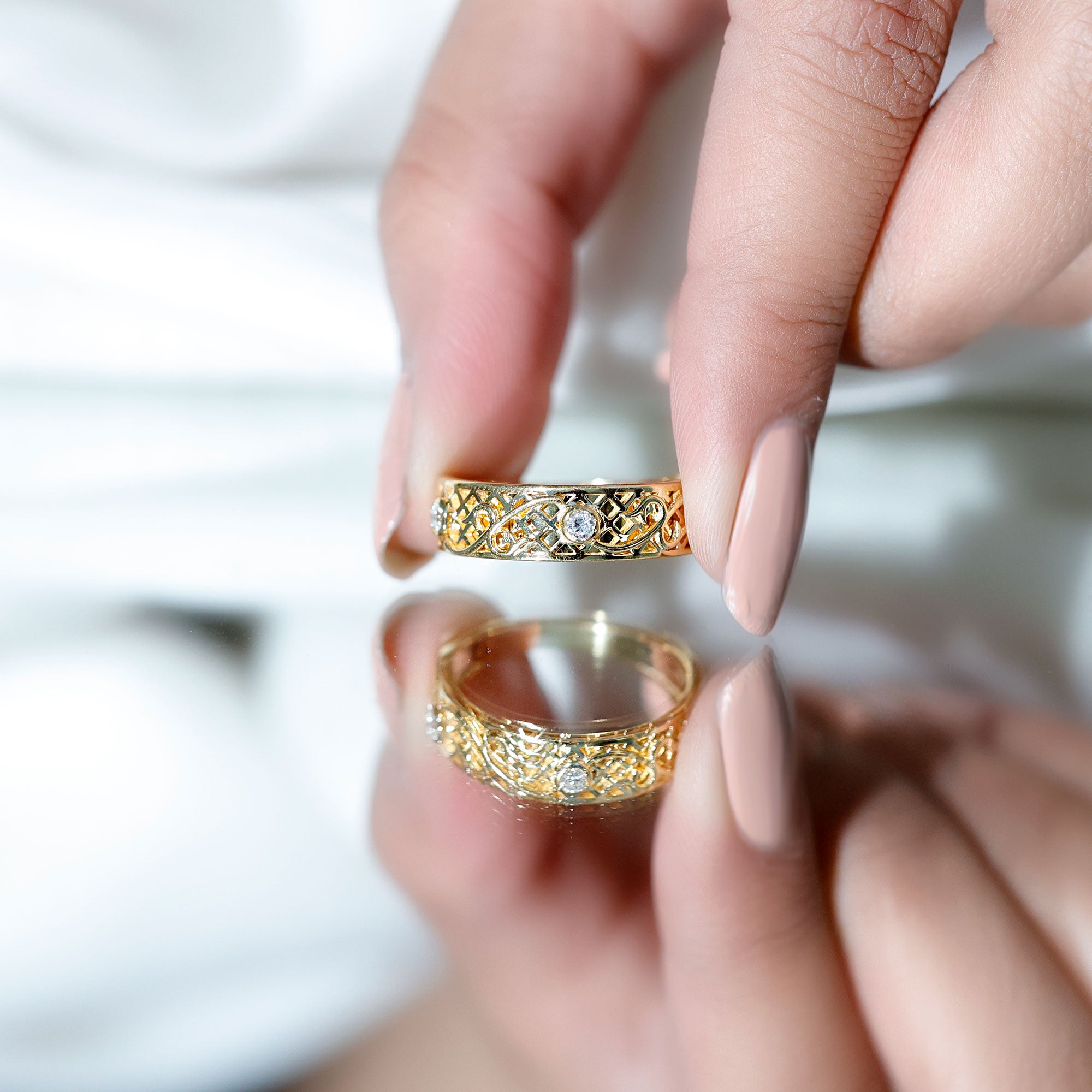 Bezel Set Round Diamond Filigree Ring Natural - ( HI-SI ) - Rosec Jewels