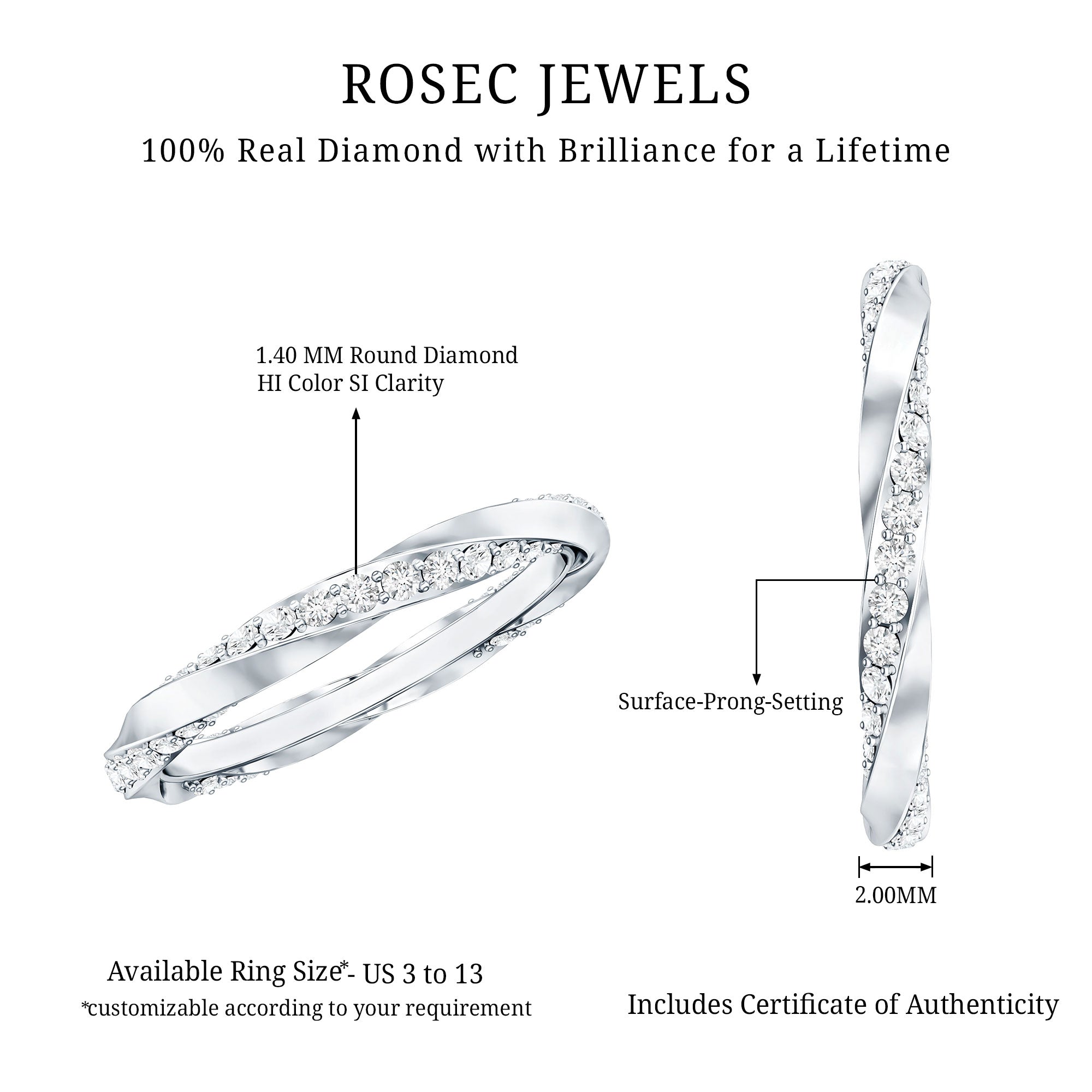 Certified Real Diamond Twisted Eternity Ring Natural - ( HI-SI ) - Rosec Jewels