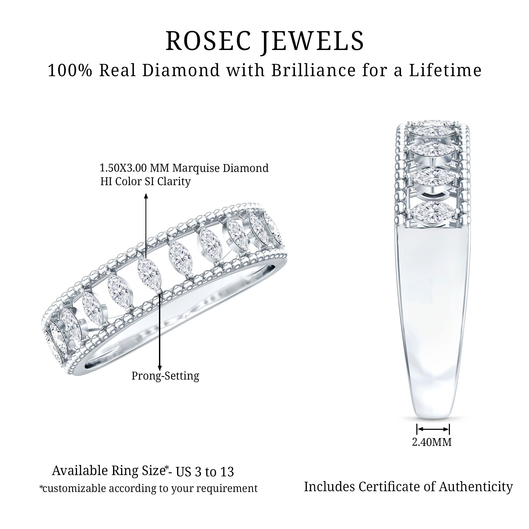 Natural Marquise Diamond Half Eternity Wedding Band Natural - ( HI-SI ) - Rosec Jewels