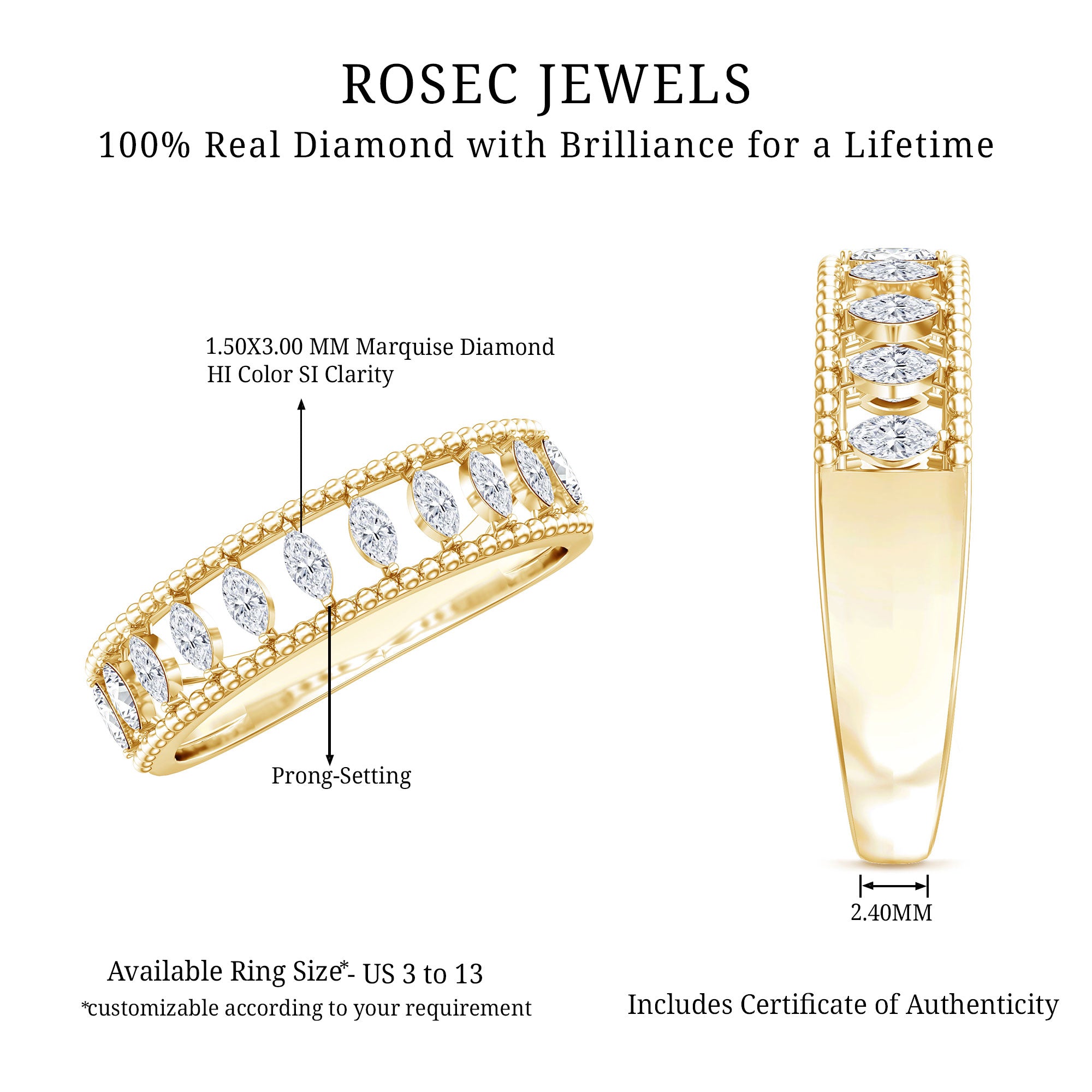 Natural Marquise Diamond Half Eternity Wedding Band Natural - ( HI-SI ) - Rosec Jewels