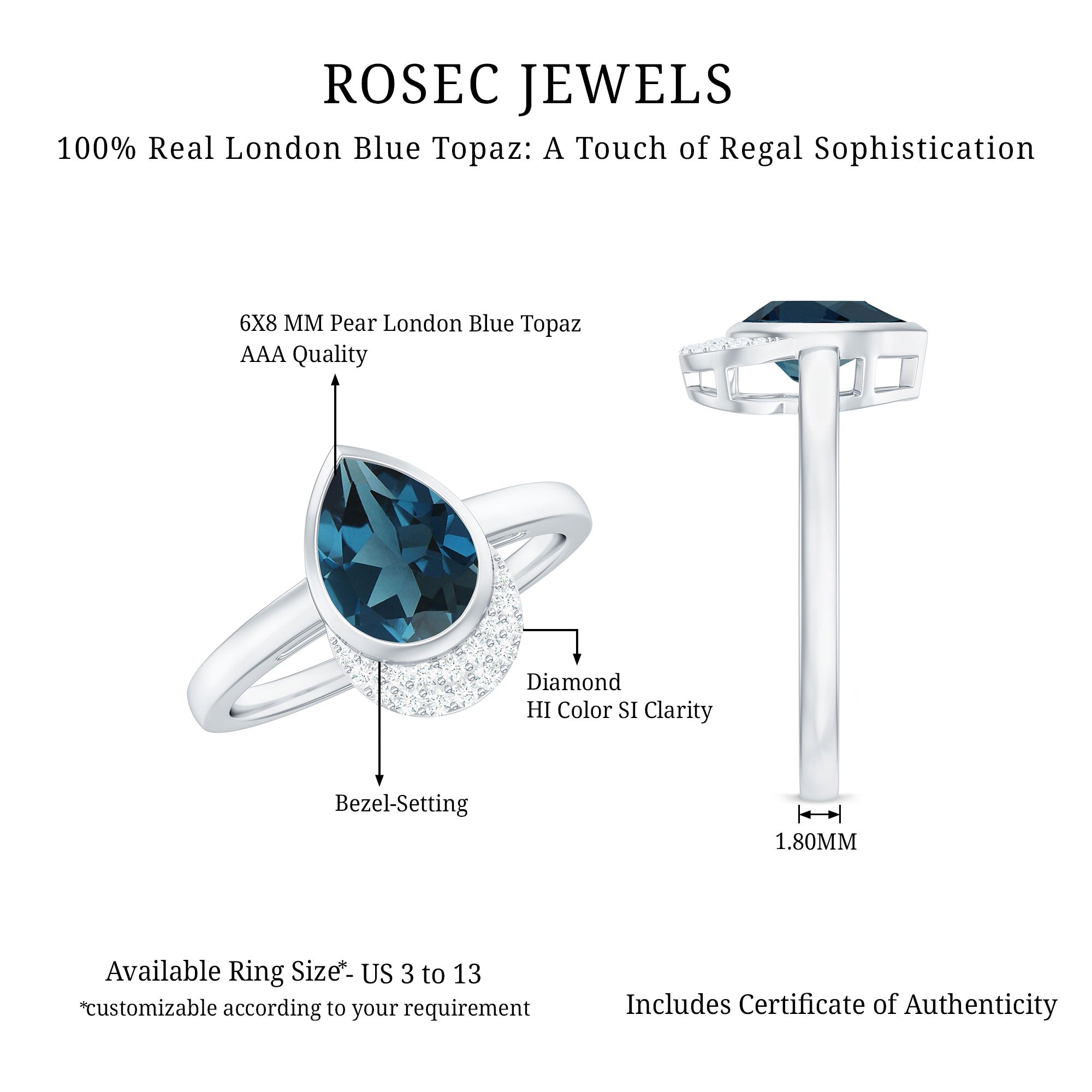 Genuine London Blue Topaz Diamond Engagement Ring in Bezel Setting AAA - Rosec Jewels