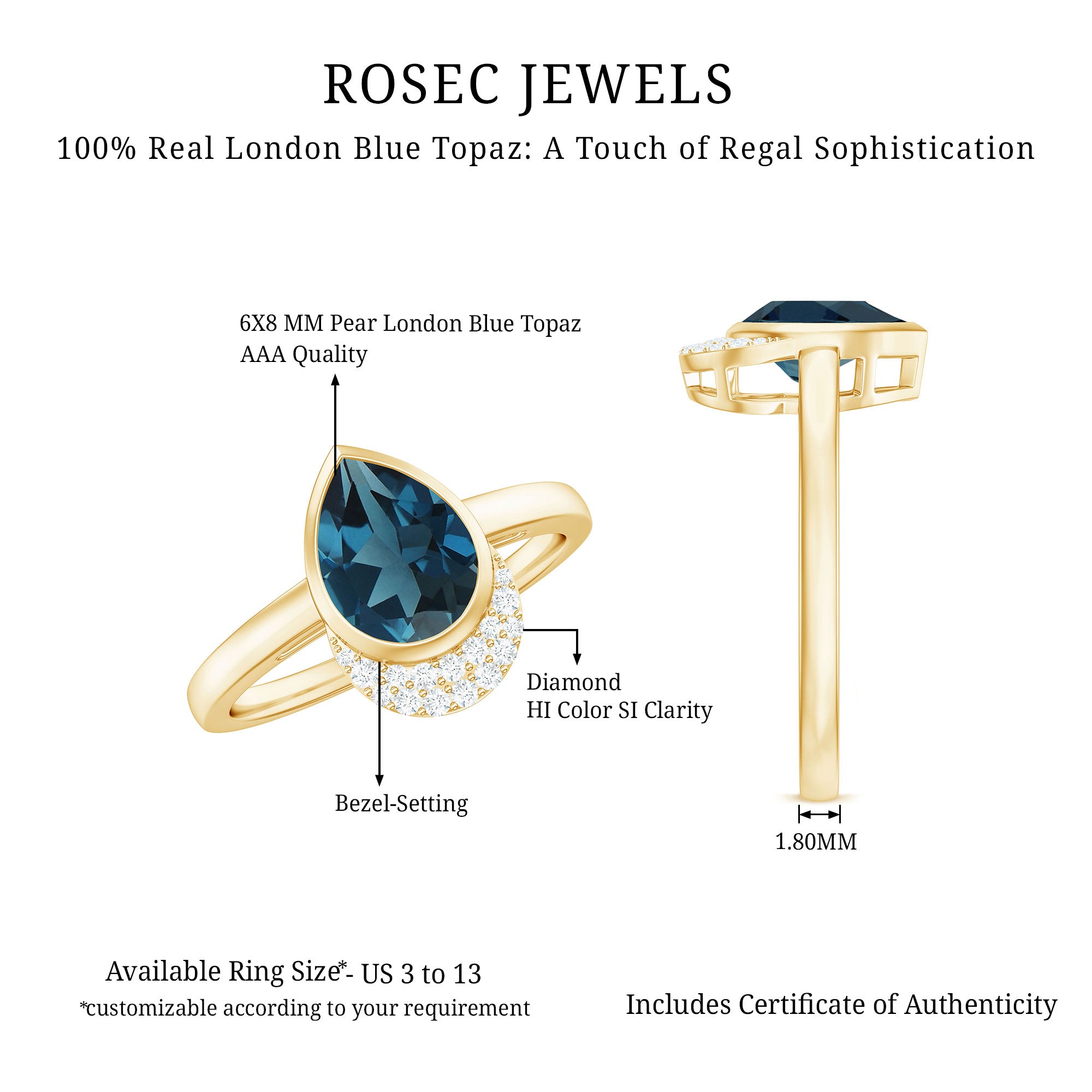 Genuine London Blue Topaz Diamond Engagement Ring in Bezel Setting AAA - Rosec Jewels