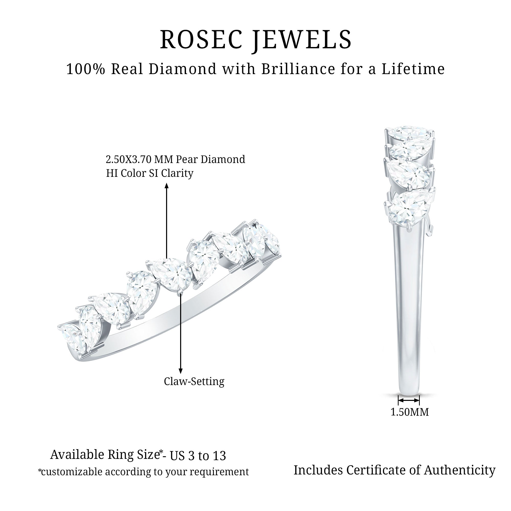 Natural Pear Shape Diamond Half Eternity Ring for Women Natural - ( HI-SI ) - Rosec Jewels