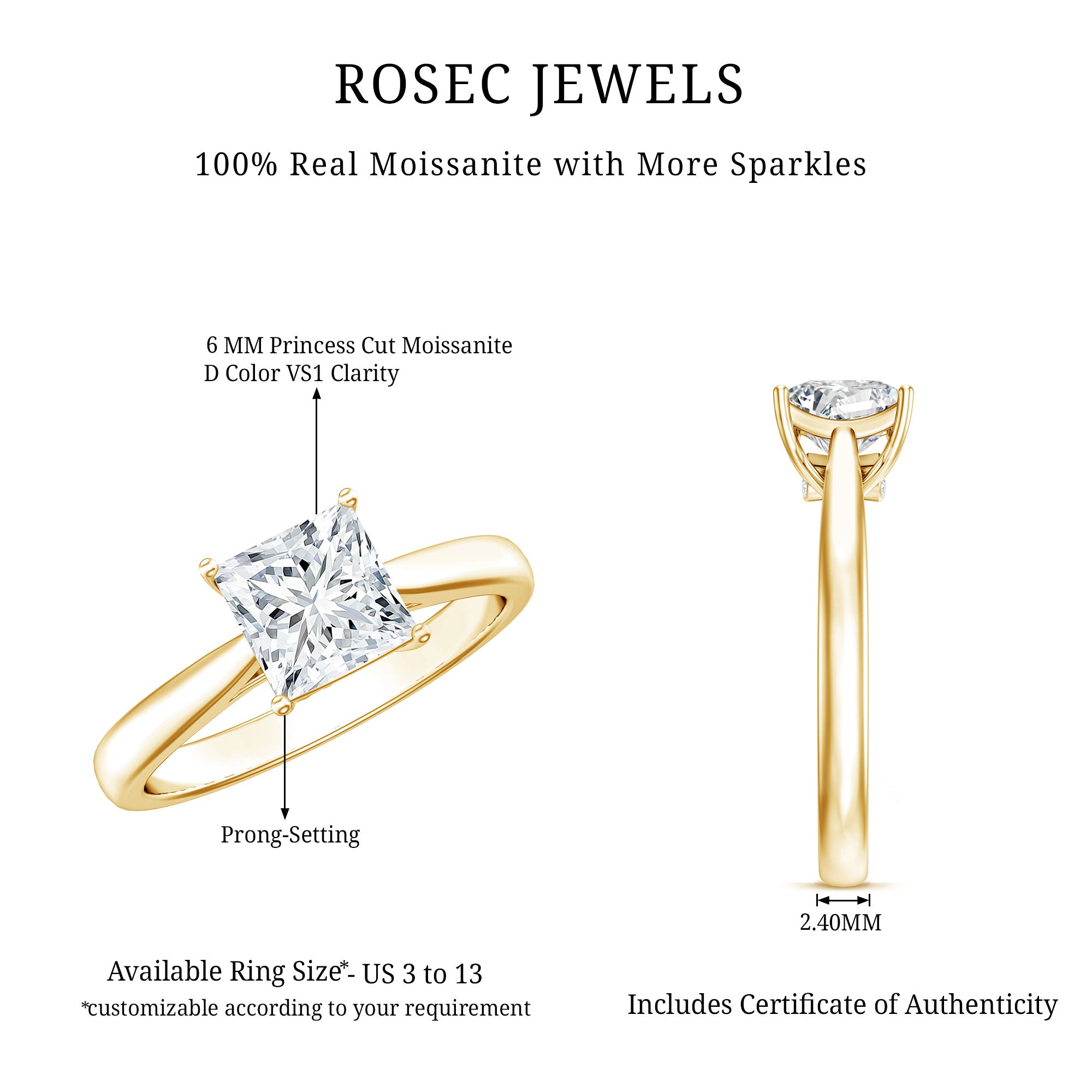 Princess Cut Moissanite Solitaire Engagement Ring D-VS1 - Rosec Jewels