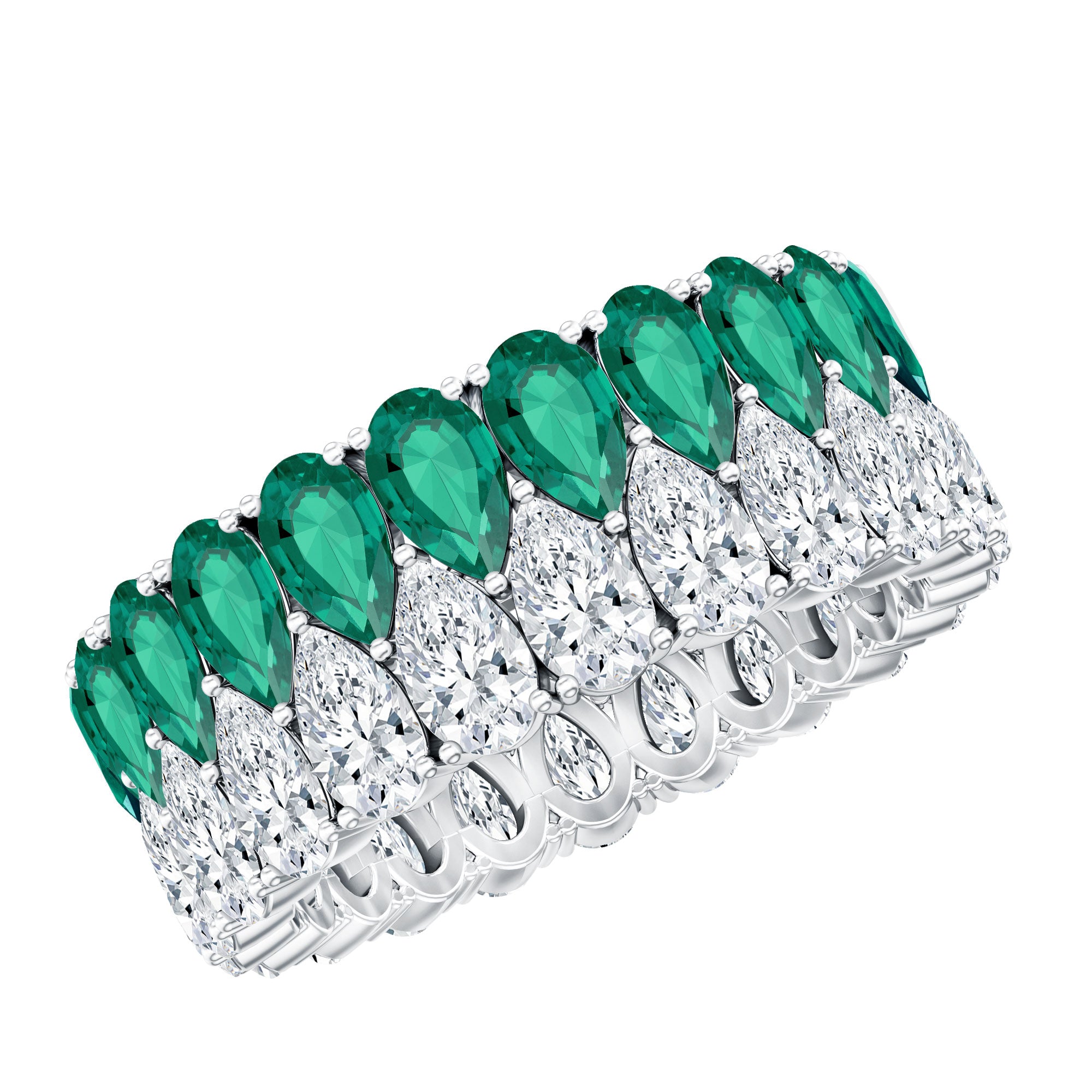 Pear Shape Lab Grown Emerald and Diamond Statement Wedding Band AAAA - Rosec Jewels