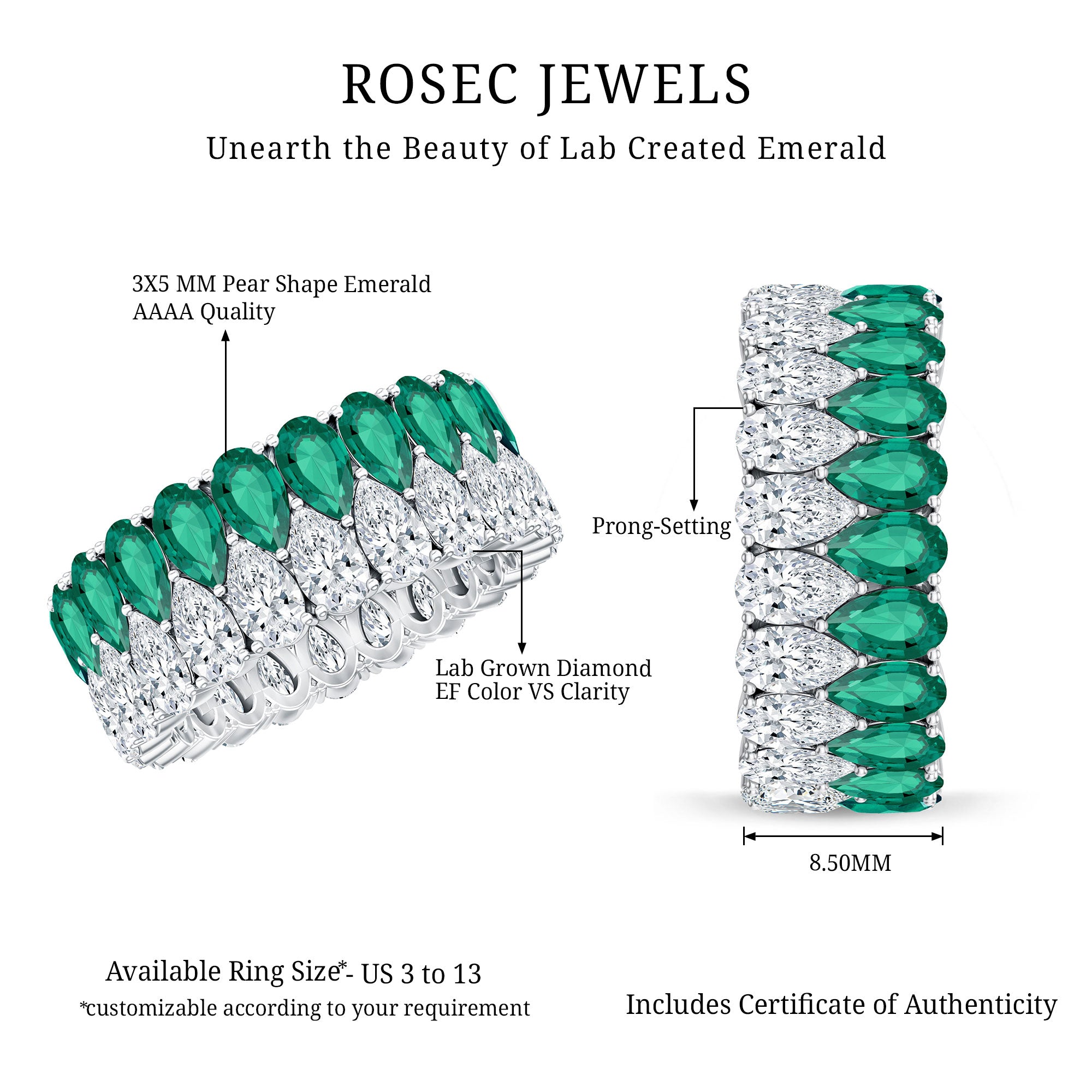Pear Shape Lab Grown Emerald and Diamond Statement Wedding Band AAAA - Rosec Jewels