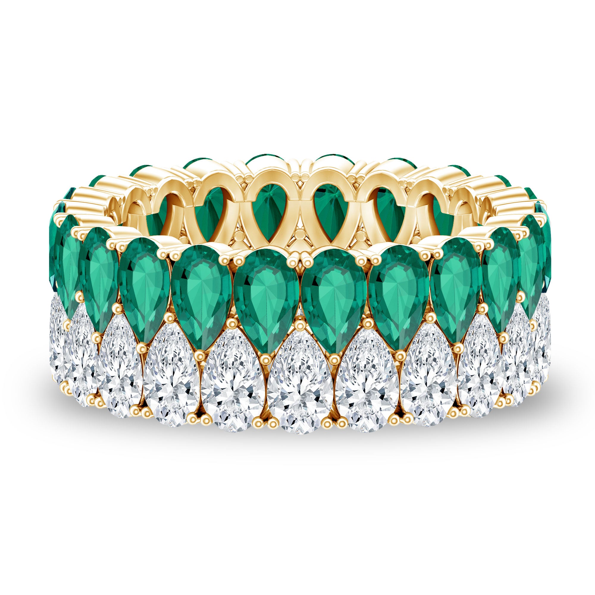 Pear Shape Lab Grown Emerald and Diamond Statement Wedding Band AAAA - Rosec Jewels