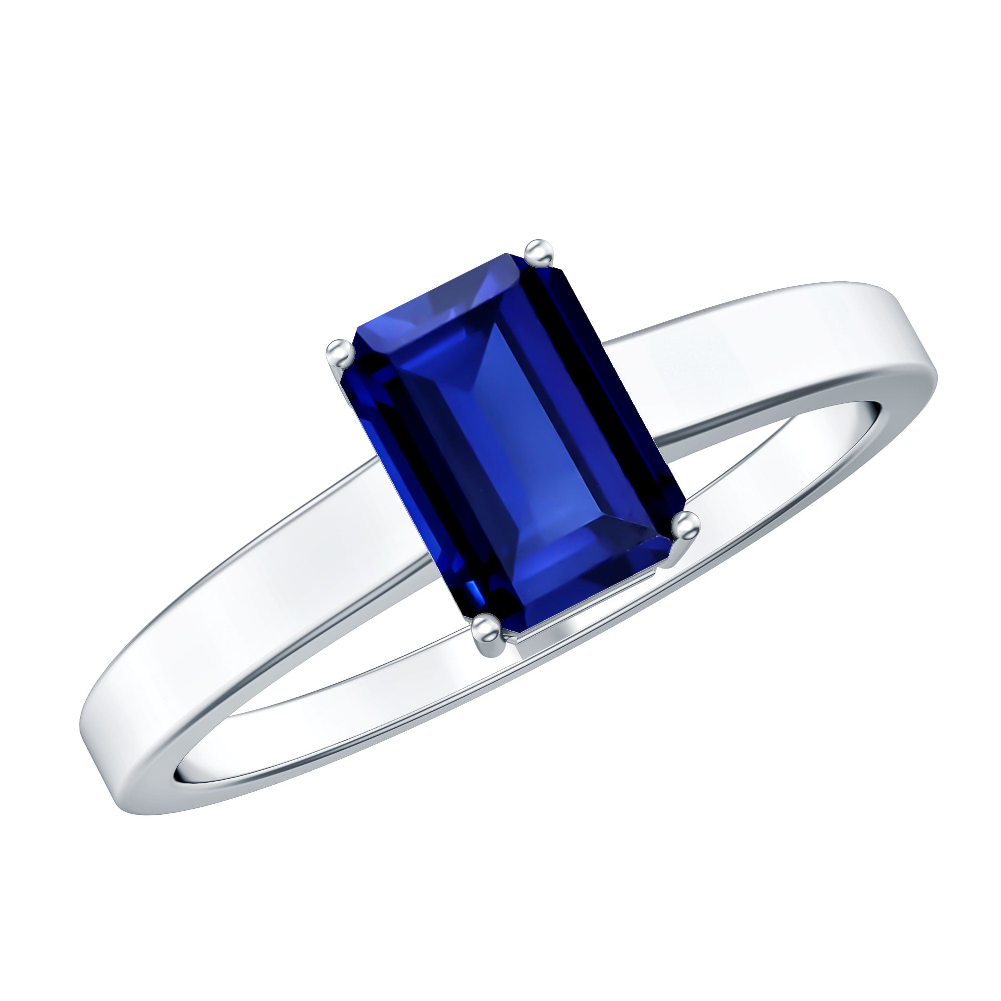 6X8 mm Emerald Cut Lab Created Blue Sapphire Solitaire Engagement Ring AAAA - Rosec Jewels